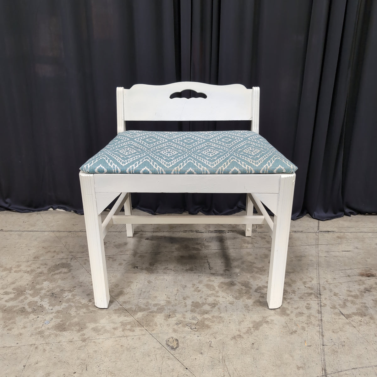 White Wood Vanity Bench with Patterned Upholstery