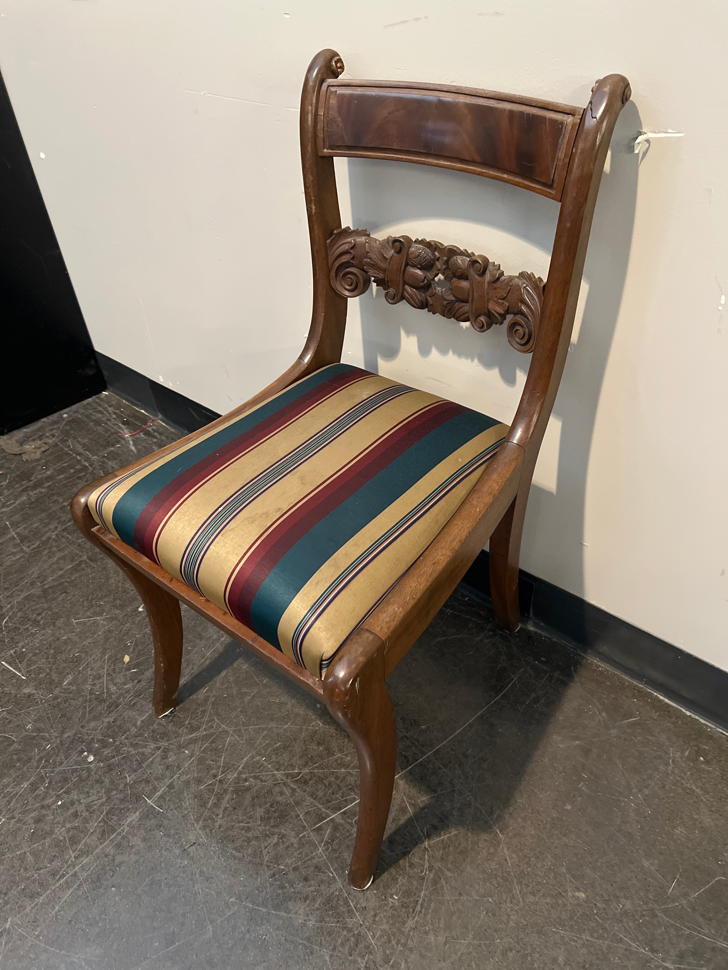 Carved Wood Dining Chair with Striped Seat