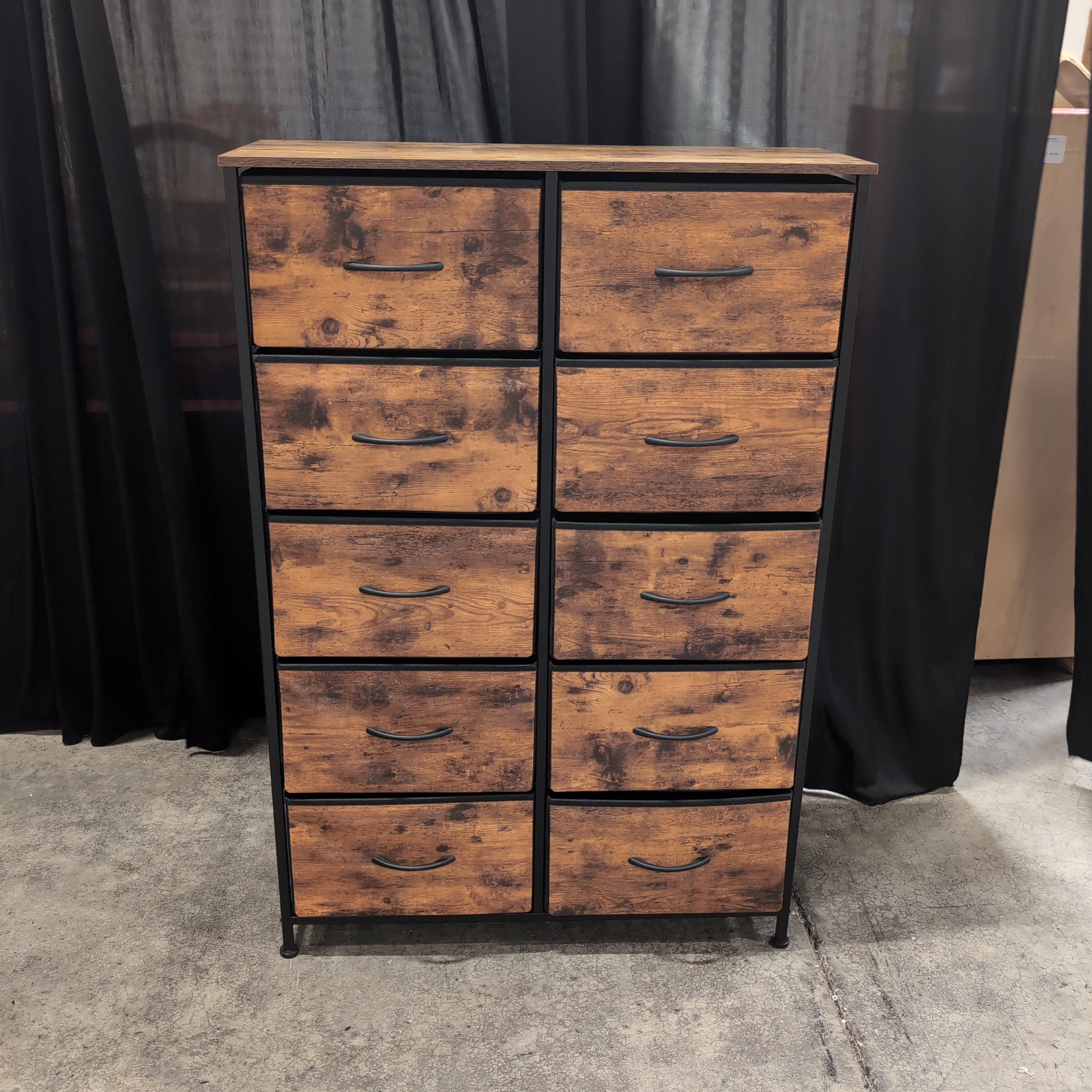 Rustic Brown Ten-Drawer Dresser in Metal and Fabric