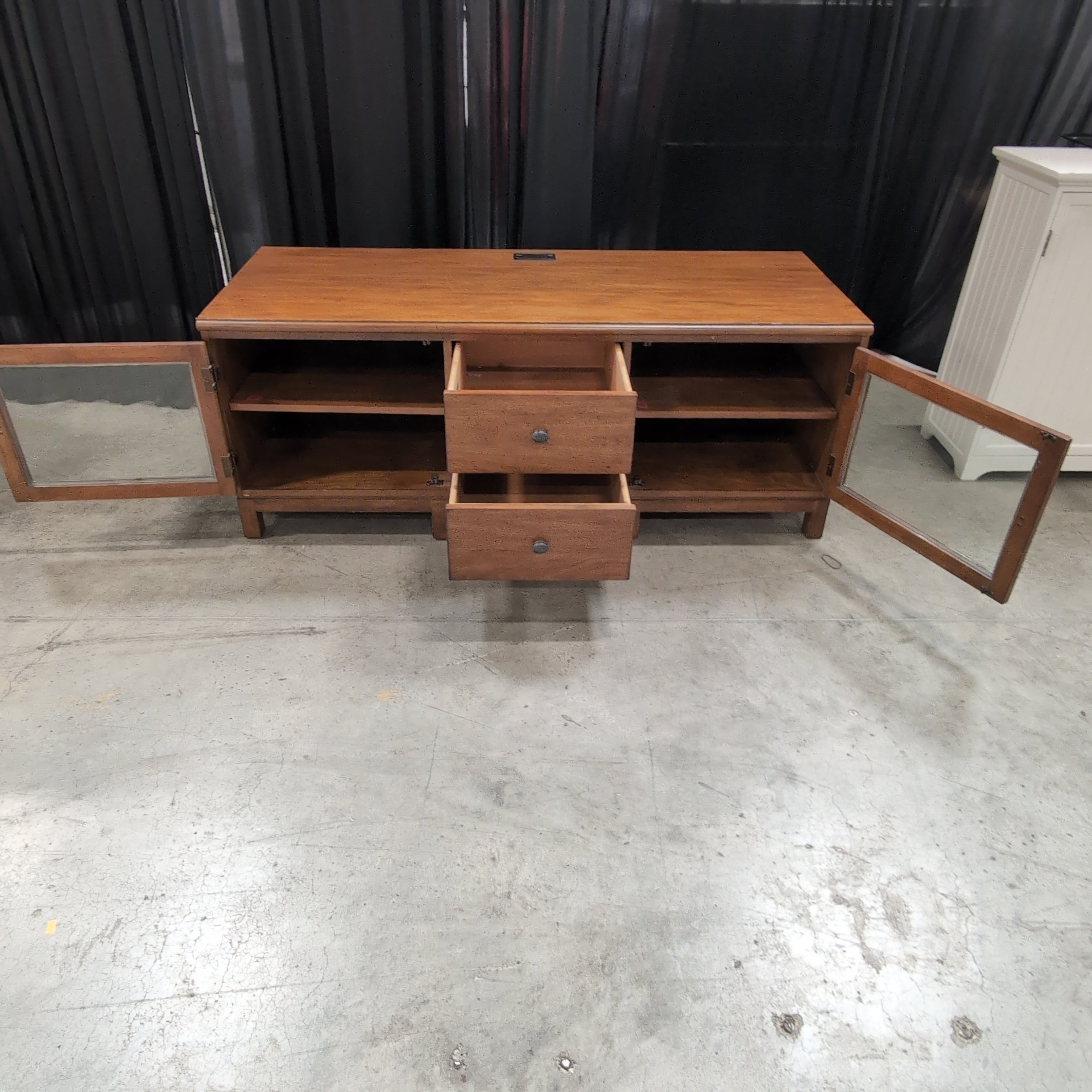 Medium Brown Hardwood TV Stand with Glass Doors