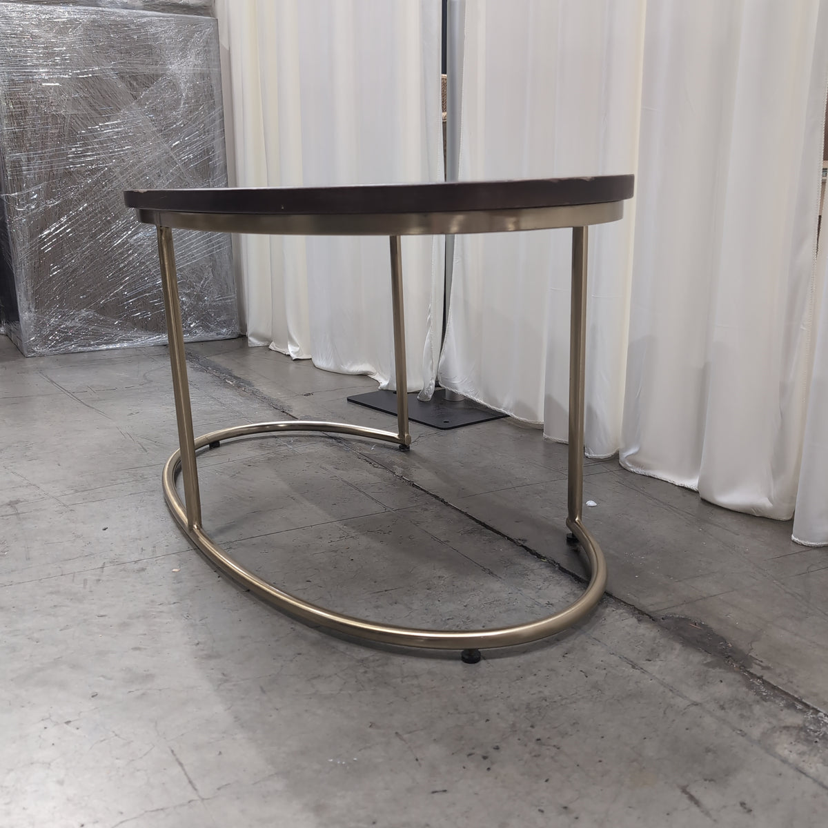 Oval Dark Wood Coffee Table with Gold Metal Base
