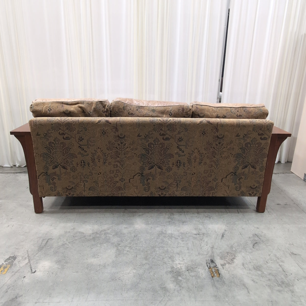 Brown Wood Frame Patterned Fabric Couch