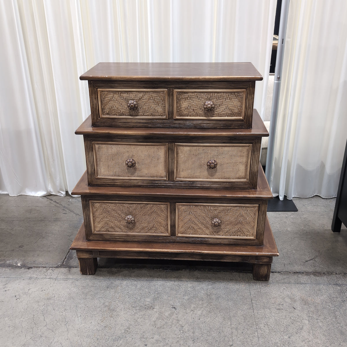 Tropical Brown Wood Six-Drawer Dresser with Rattan Fronts