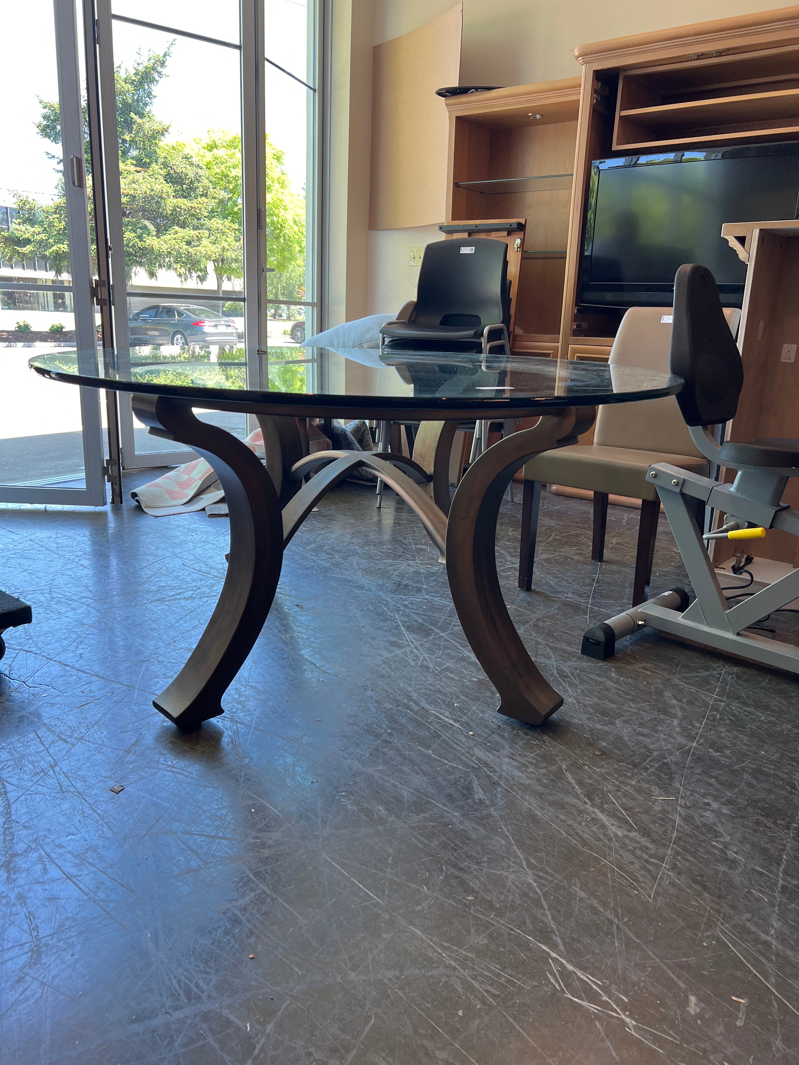 Curved Metal Base Glass Dining Table