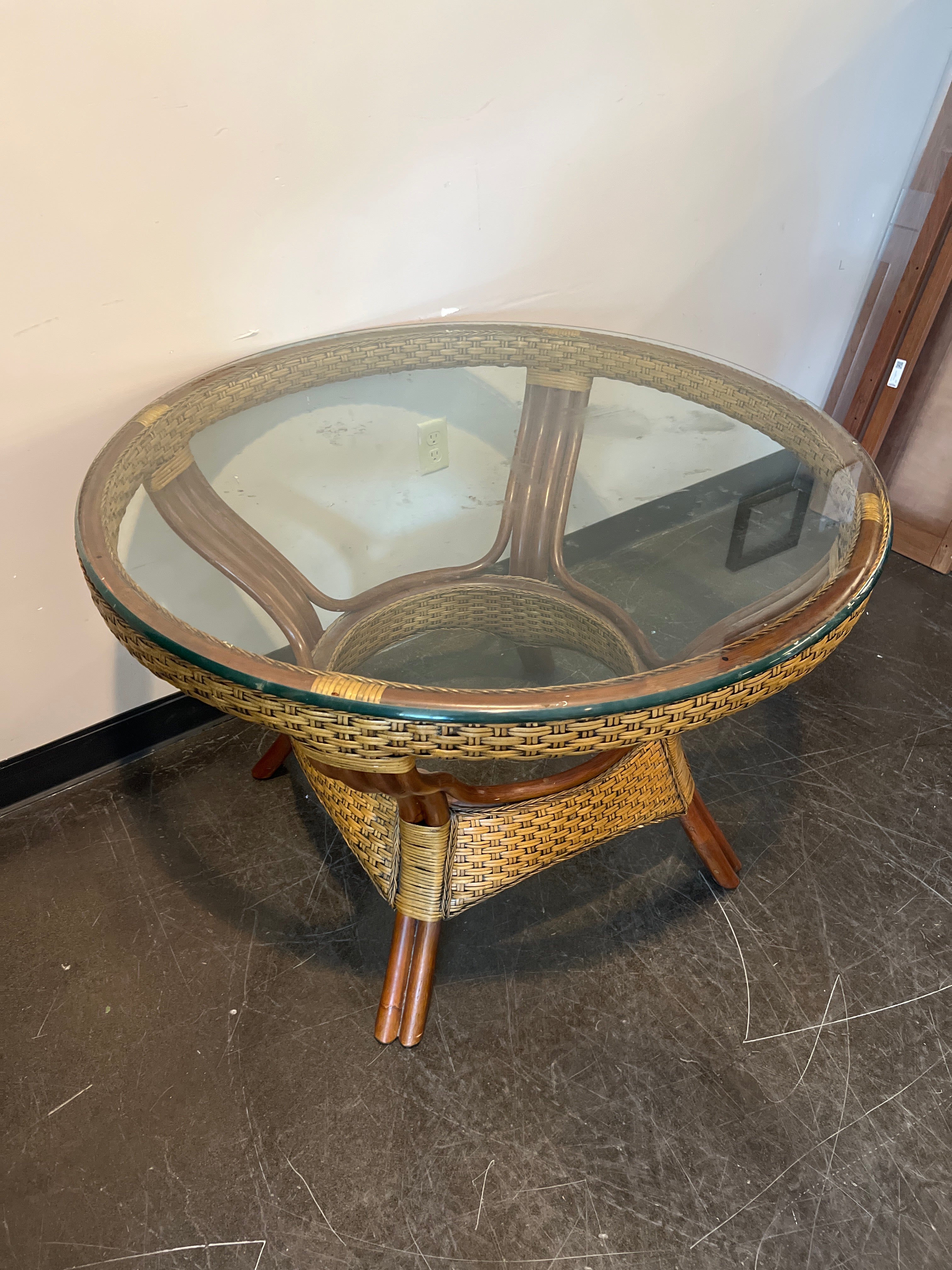 Round Rattan & Glass Dining Table