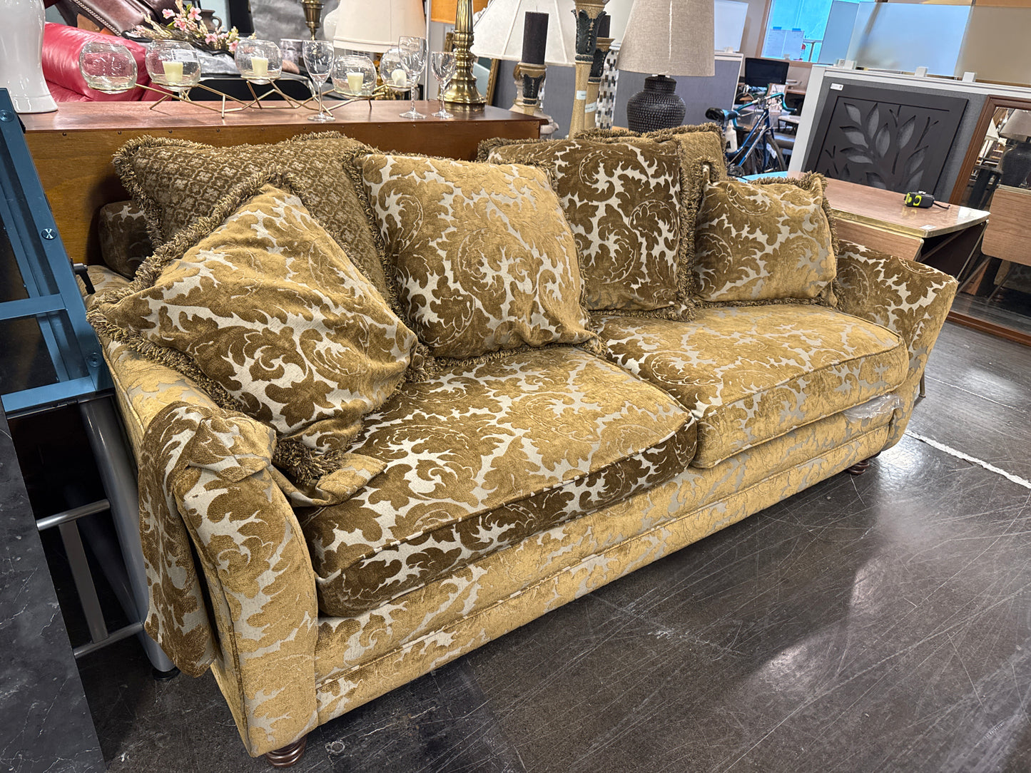 Vintage Bassett Damask Sofa with Fringe Trim Pillows we