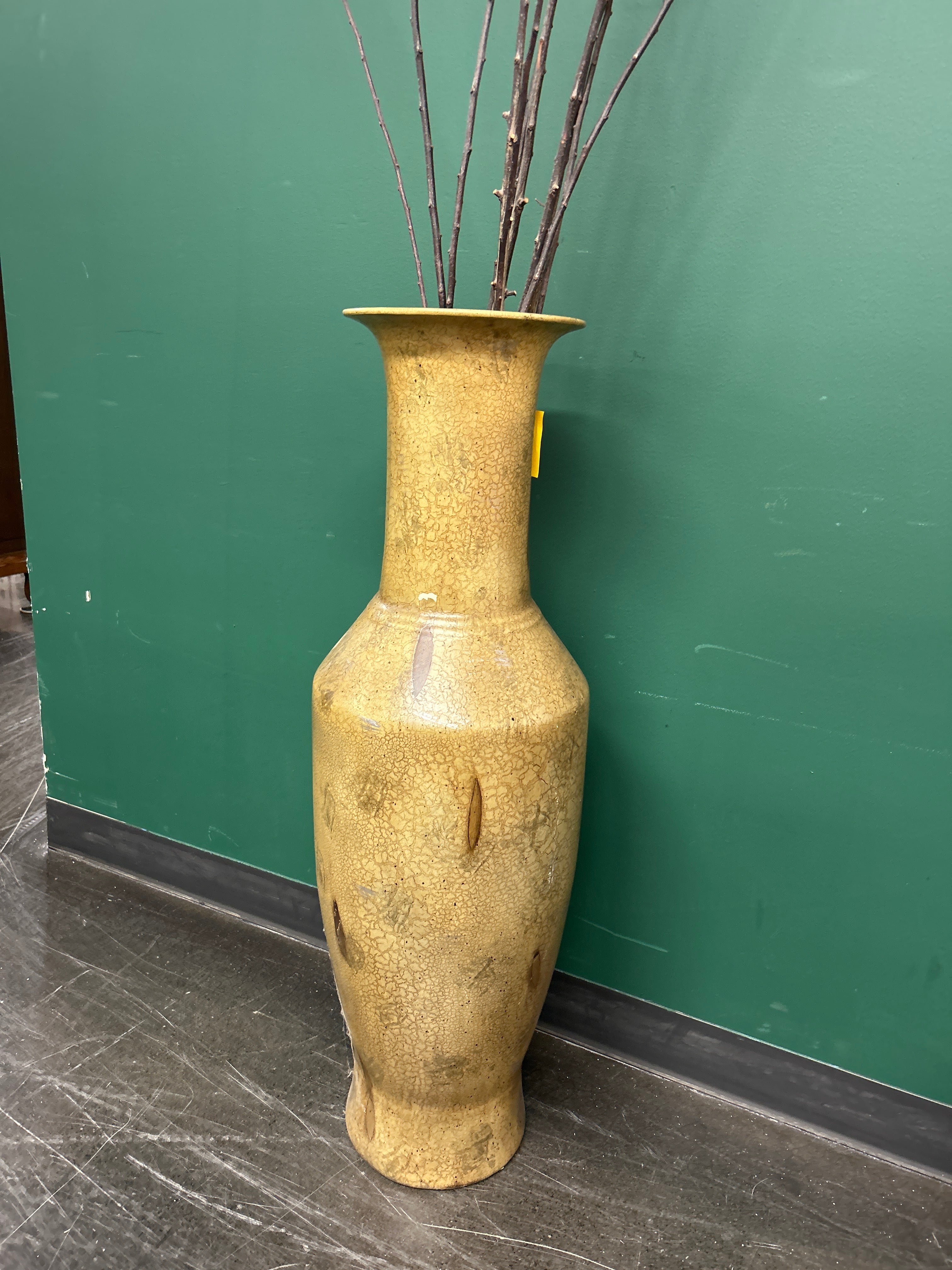 Tall Ceramic Floor Vase, Beige with Crackle Glaze