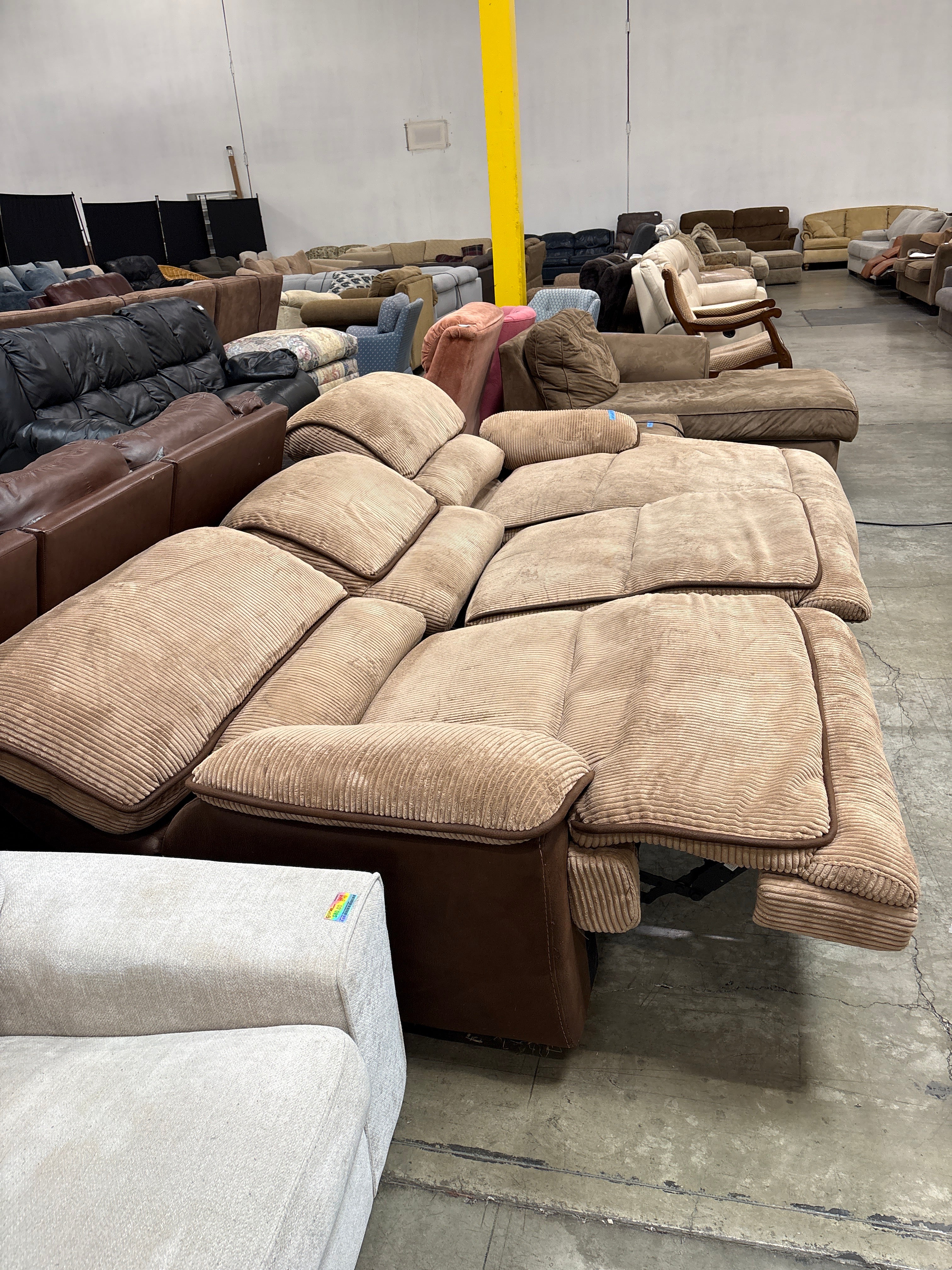 Tan Ribbed Fabric Reclining Sectional Couch with Chaise