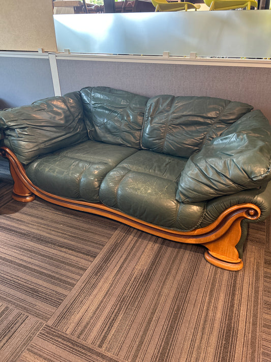 Dark Green Leather Daybed with Wood Accents