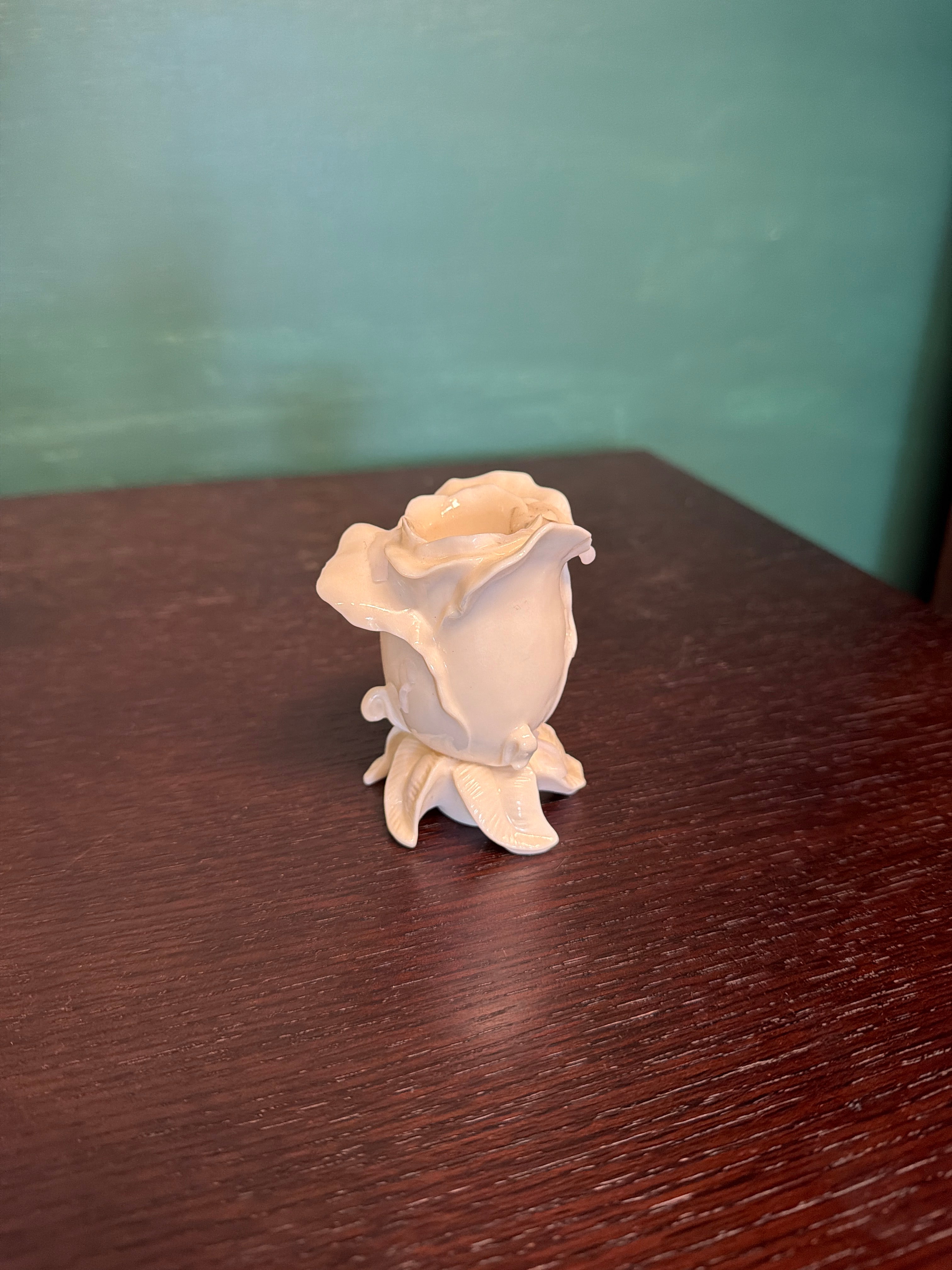 Pair of White Rosebud Ceramic Candle Holders with Leaf Base