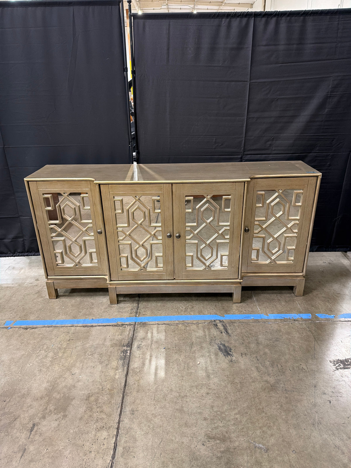 Jofran Casa Bella 70" Mirrored Console, Vintage Silver Fretwork 4-Door TV Stand Sideboard