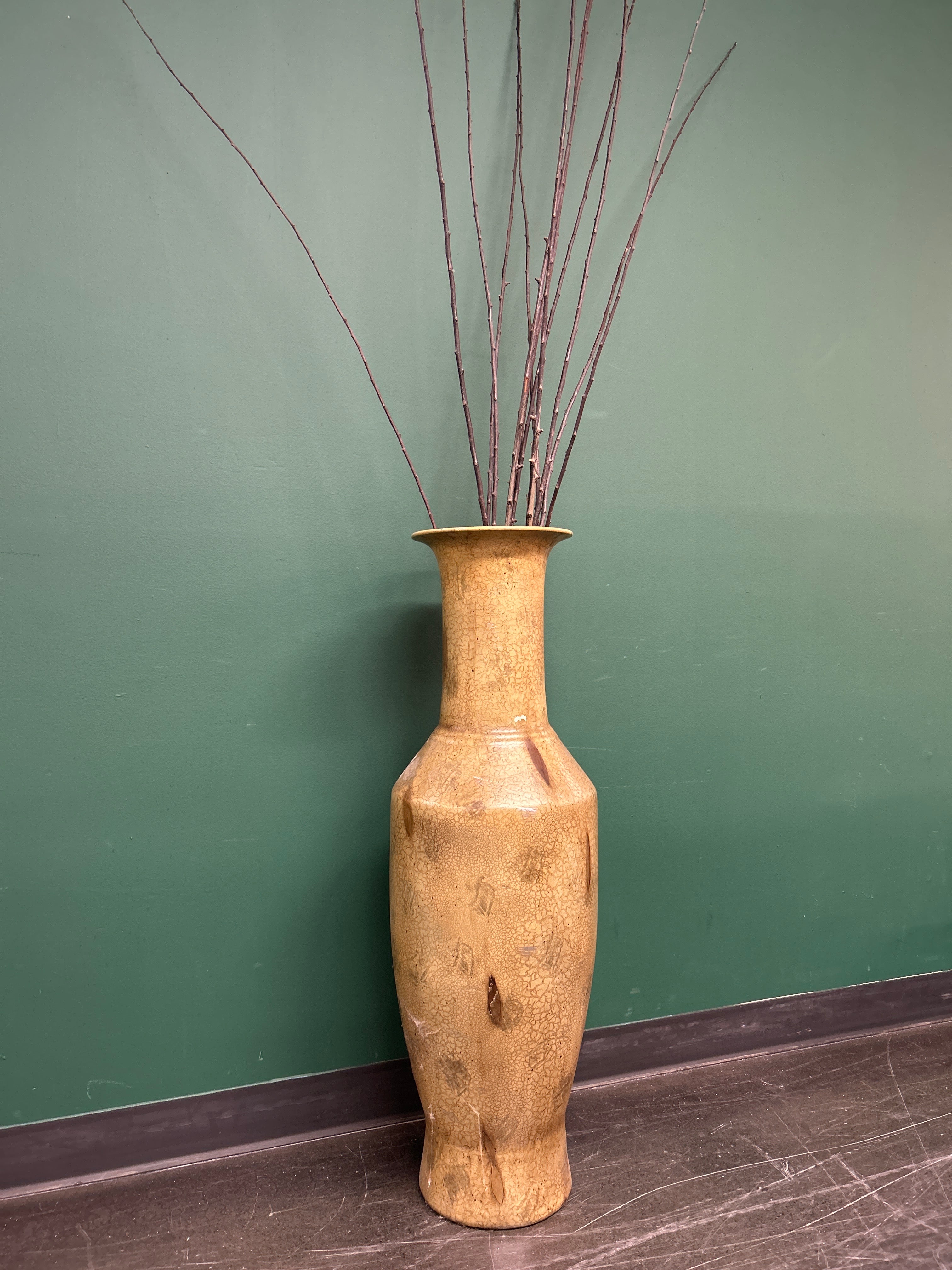 Tall Ceramic Floor Vase, Beige with Crackle Glaze