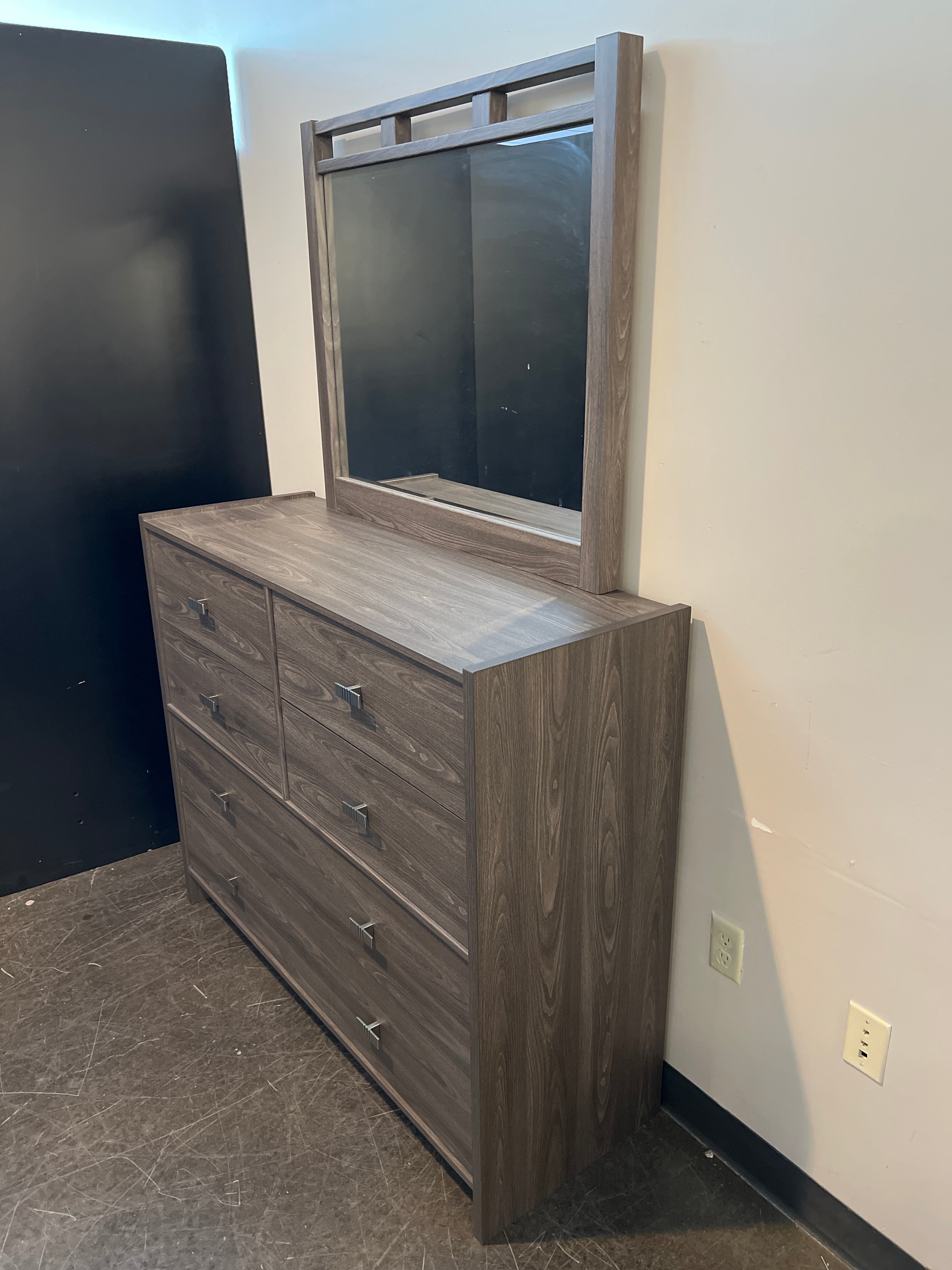 Dark Gray Six-Drawer Dresser with Mirrored Top