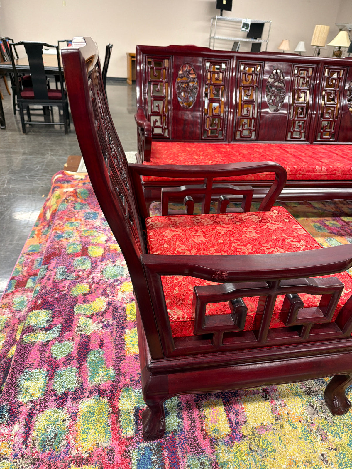 Vintage Chinese Rosewood Armchair, Hand Carved Dragon Medallion and Key Fret, Red Silk Cushion