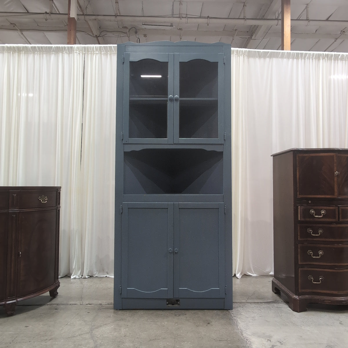 Painted Blue Corner China Cabinet with Glass Doors