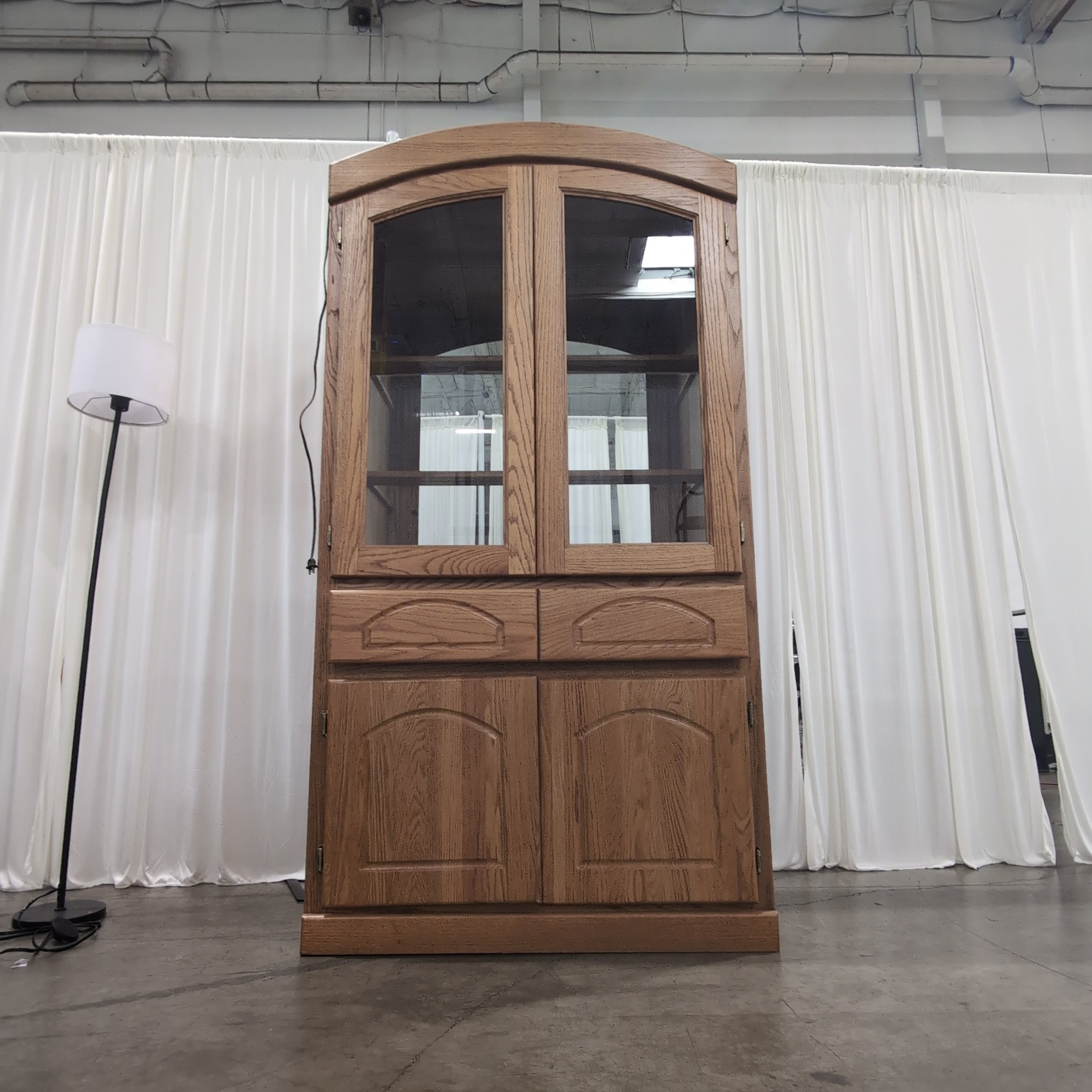 Arched Top Oak Wood China Cabinet with Glass Doors
