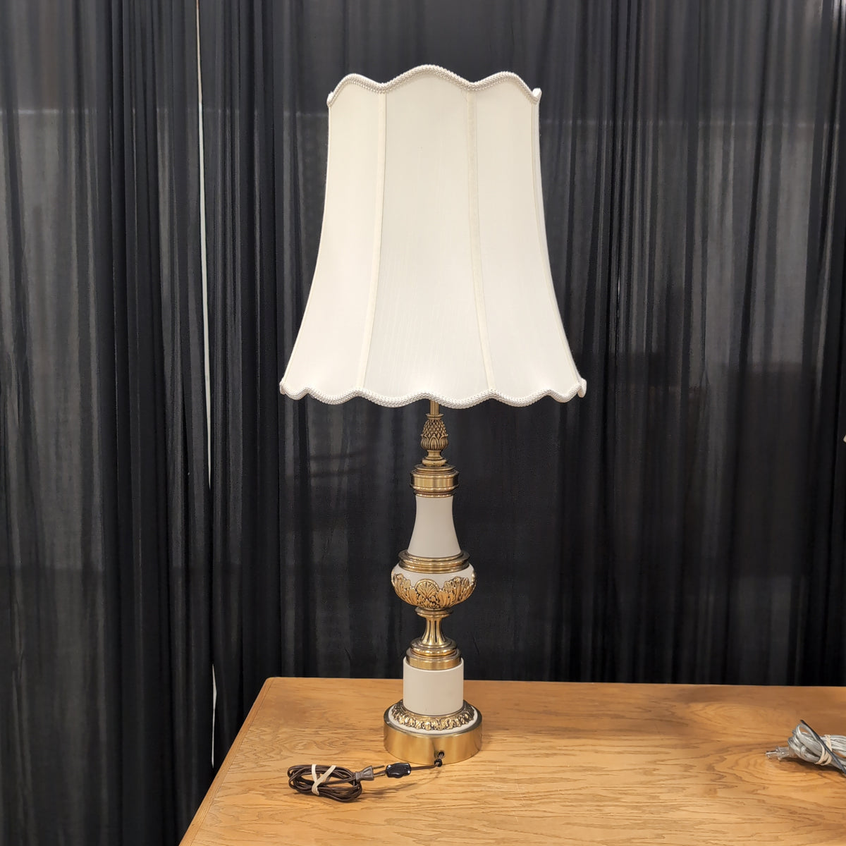 Traditional Brass and White Ceramic Table Lamp with Scalloped Shade