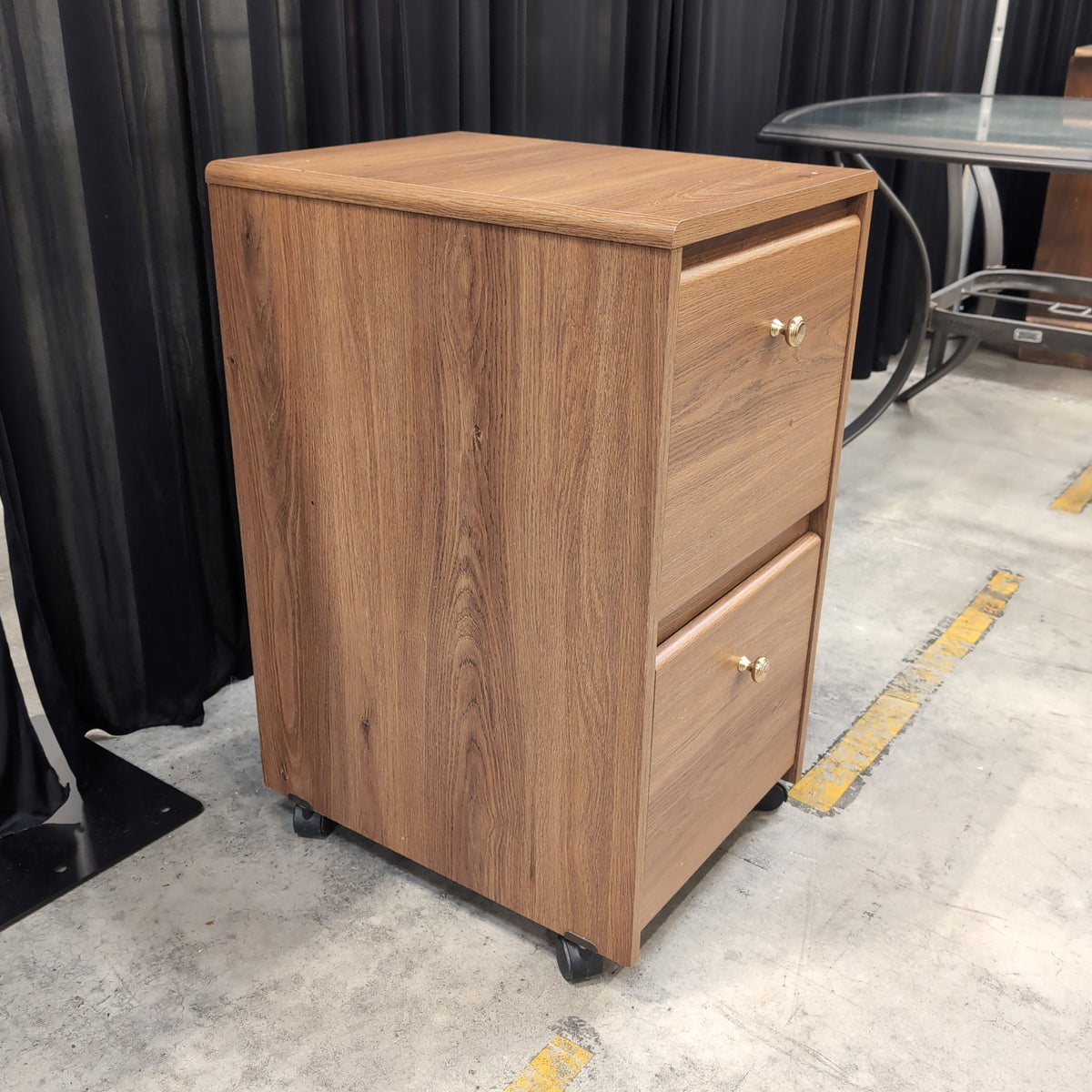 Brown Wood Grain Two-Drawer Nightstand with Casters