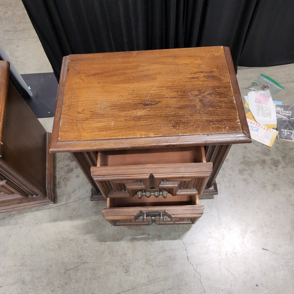 Pair of Ornate Dark Brown Wood Nightstand with Carved Panels
