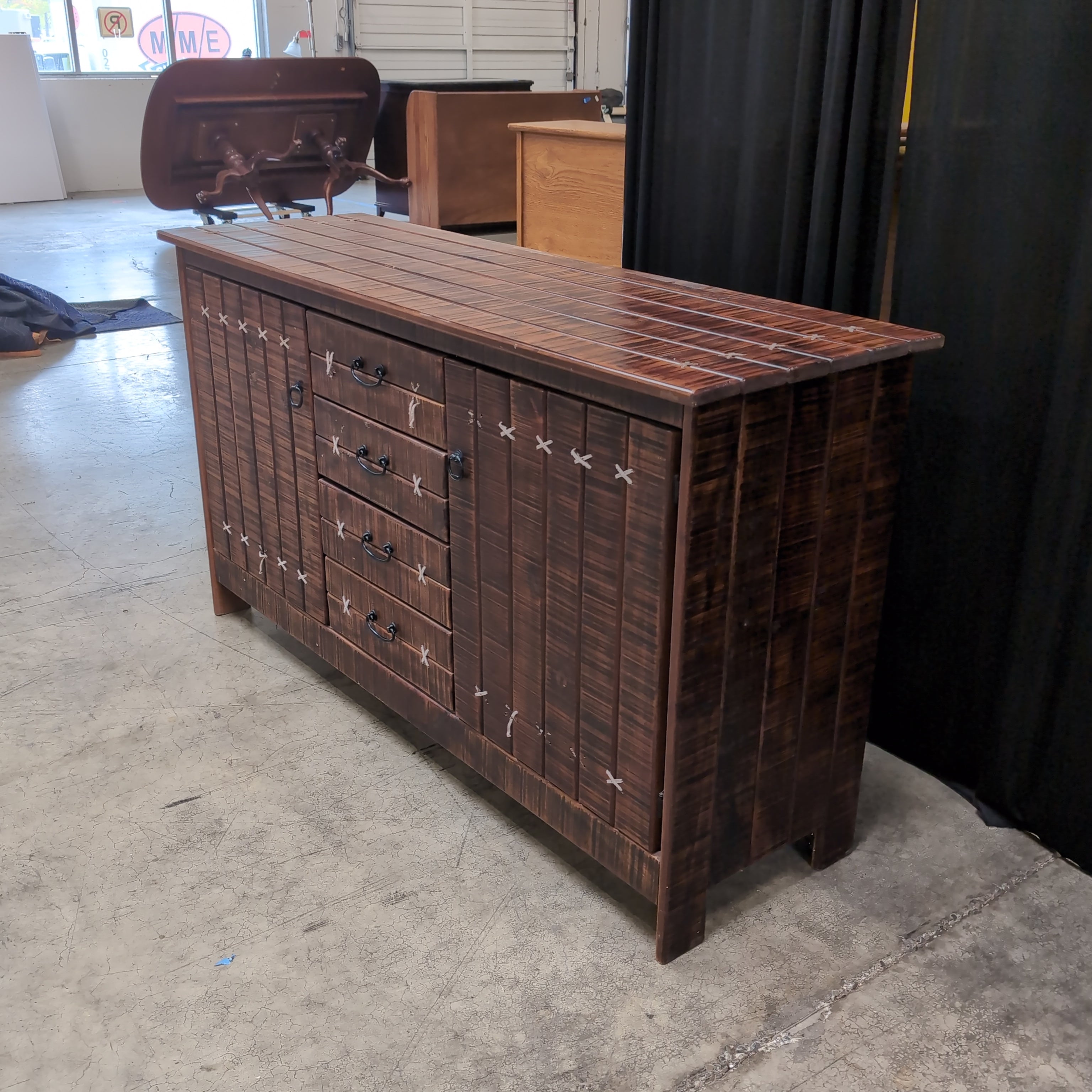 Rustic Dark Wood Buffet with X-Stitched Detail Doors