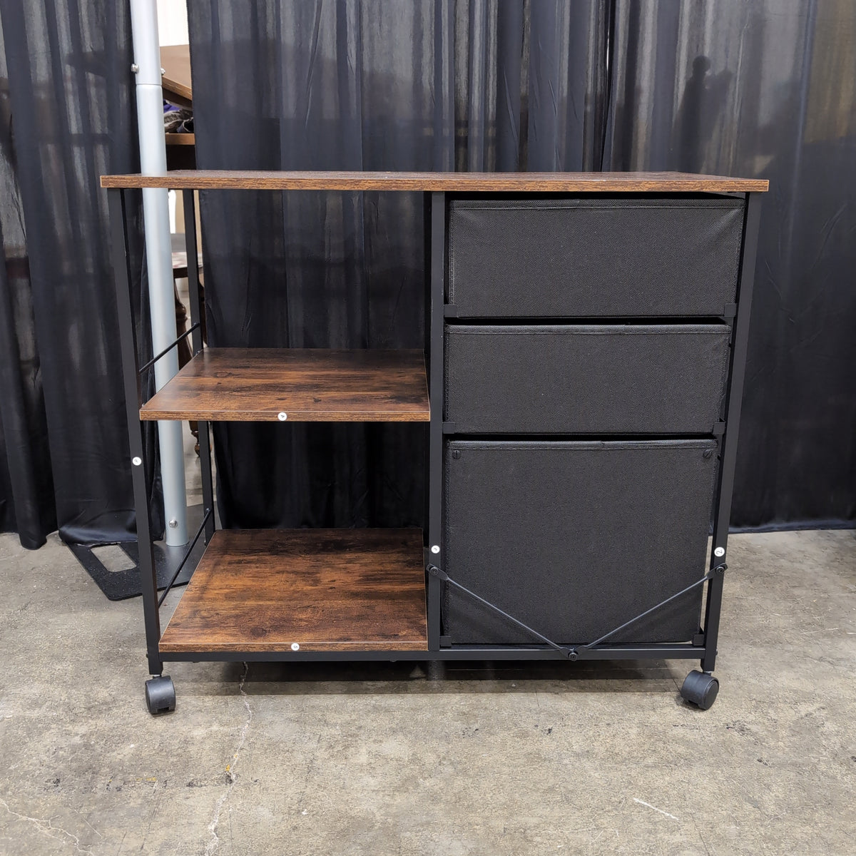 Rustic Wood-Look Industrial Rolling Storage Cart with Drawers