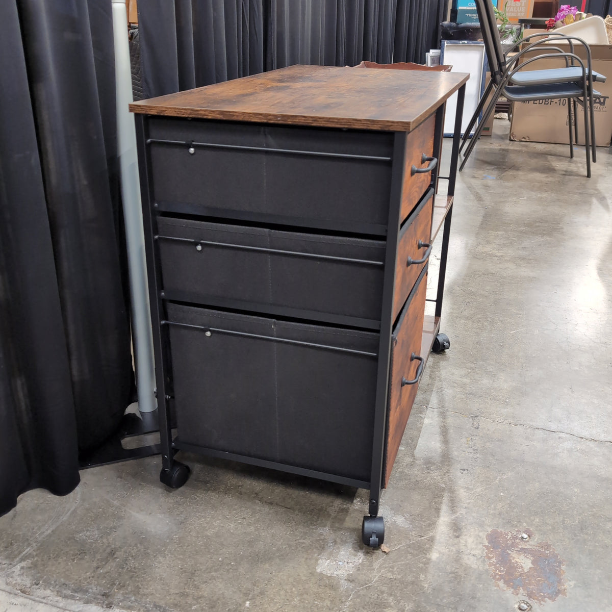 Rustic Wood-Look Industrial Rolling Storage Cart with Drawers
