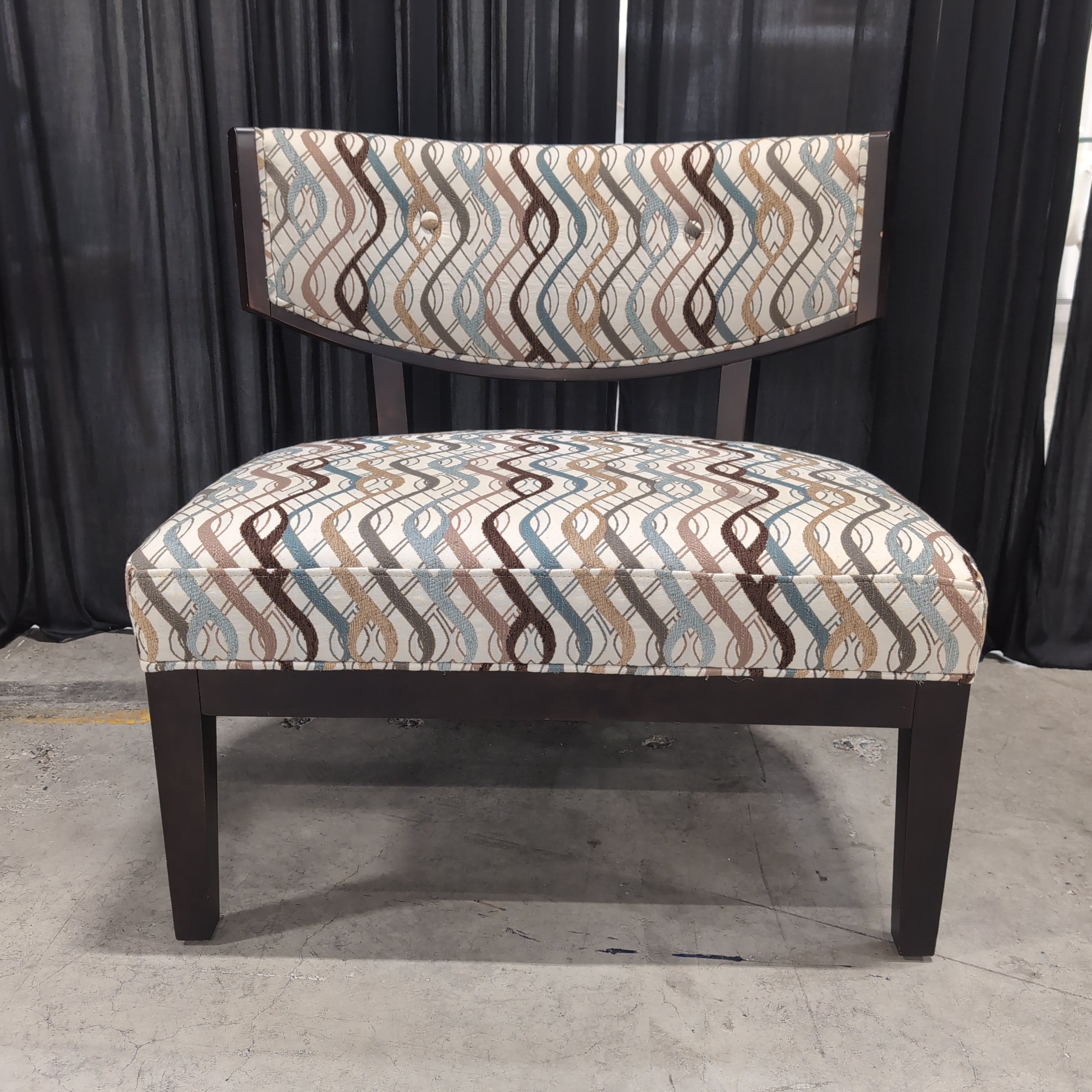 Dark Wood Accent Chair with Patterned Upholstery