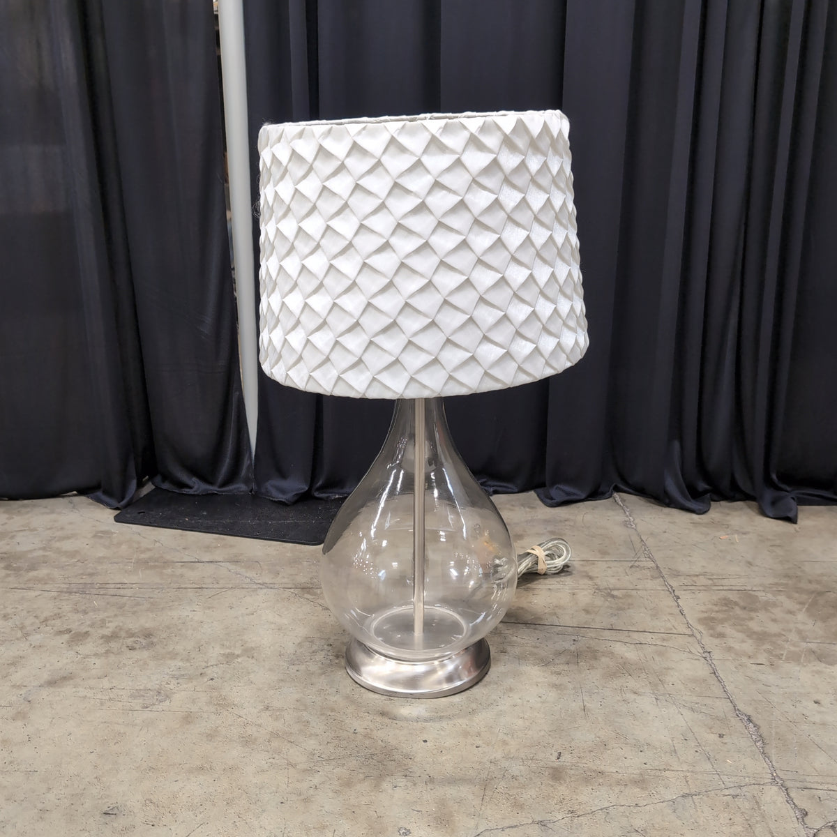 Clear Glass Base Table Lamp with White Quilted Shade