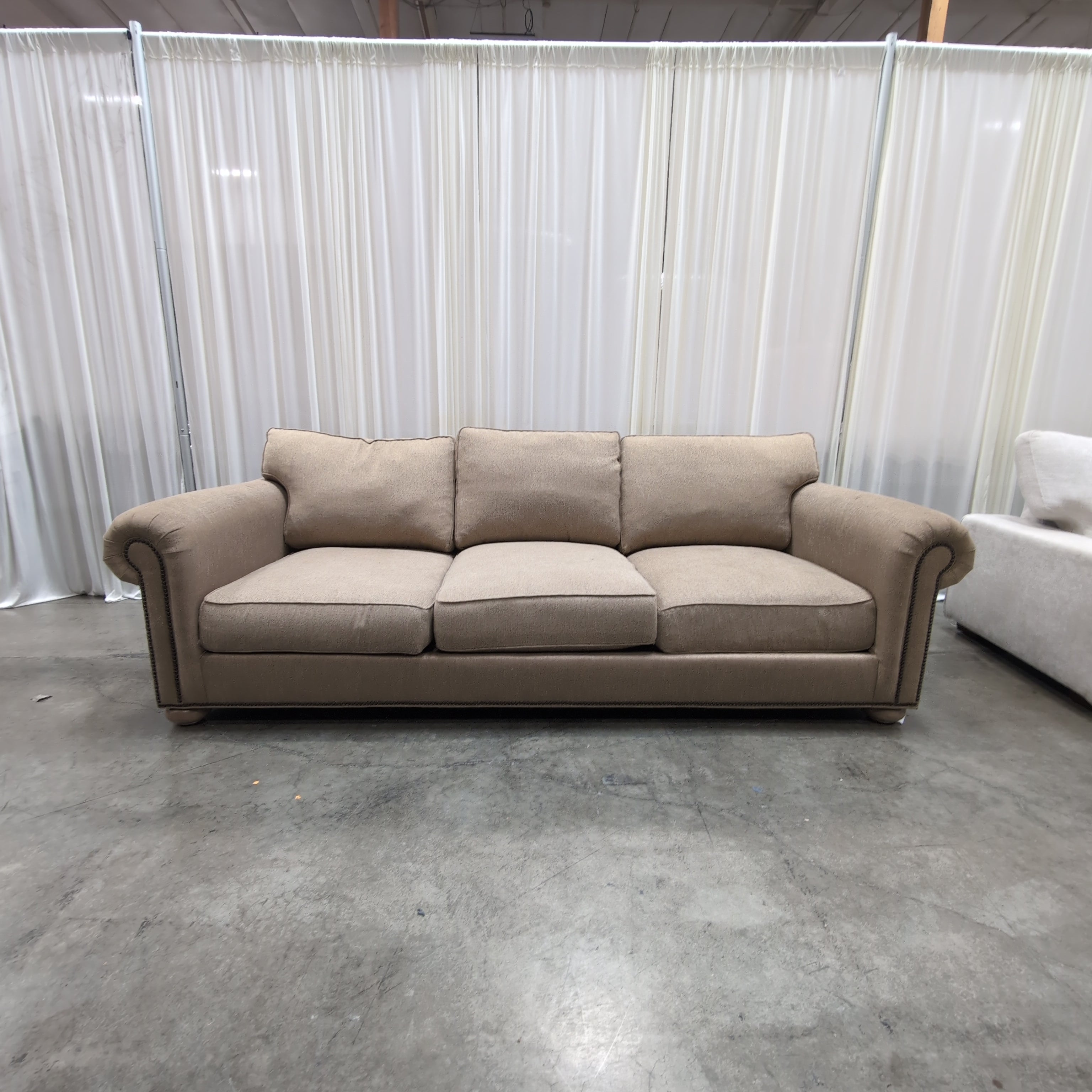 Tan Woven Fabric Three-Cushion Couch