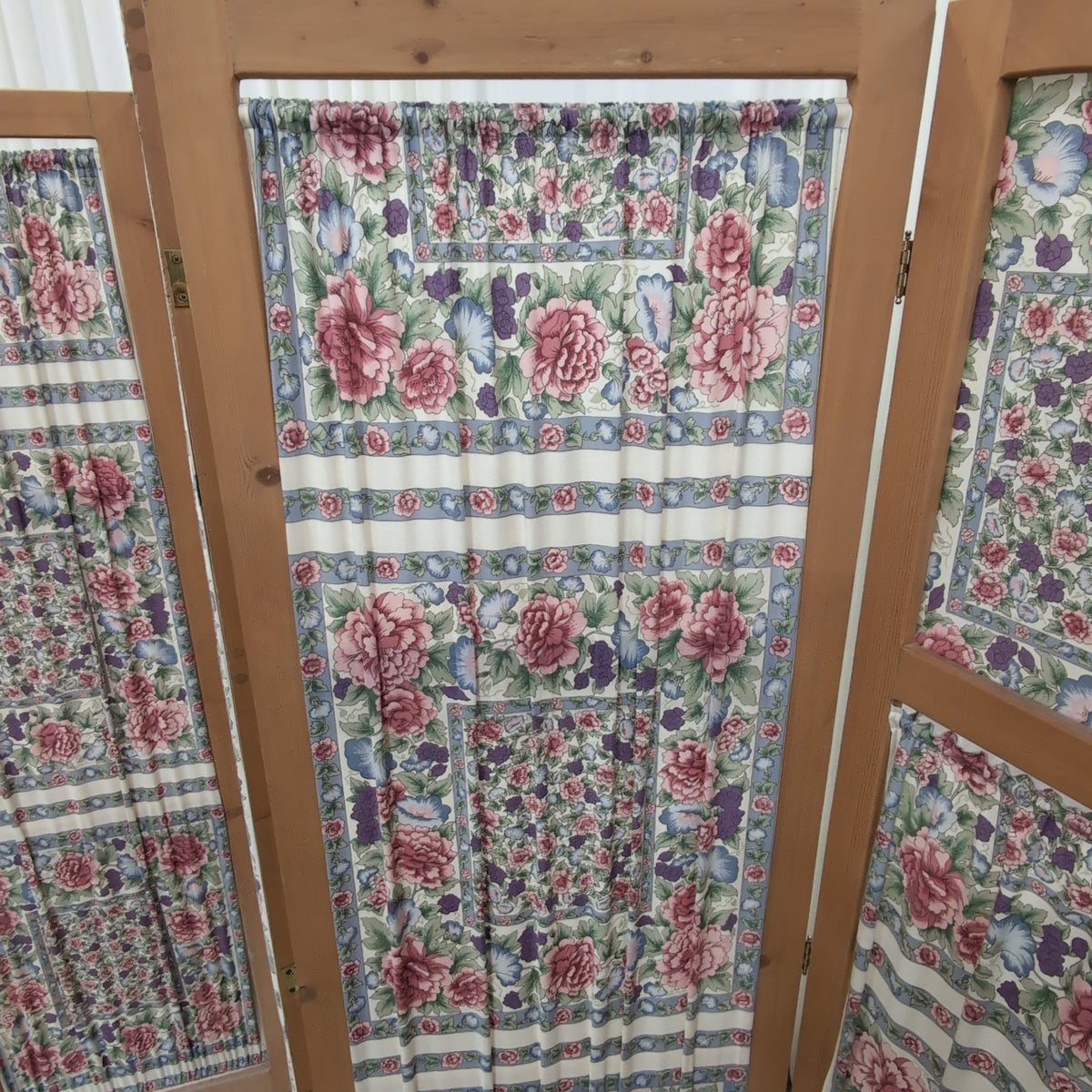 Three-Panel Wood Screen with Floral Fabric