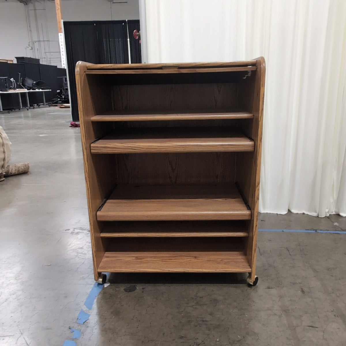 Brown Wood Roll-Top Storage Cabinet with Casters