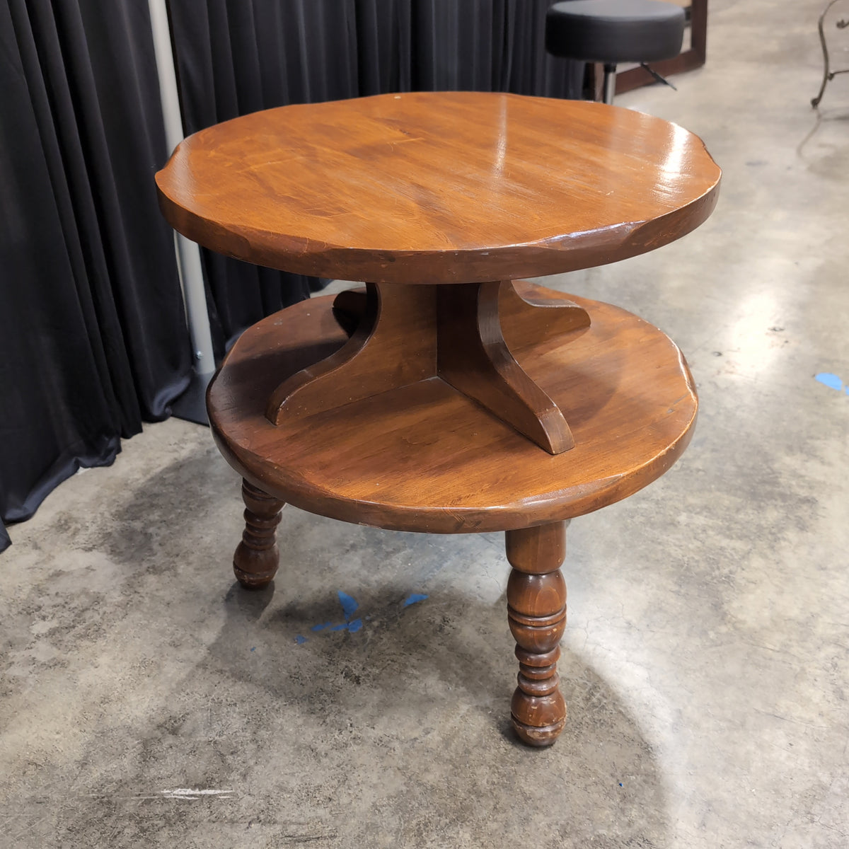 Two-Tiered Round Wood End Table with Turned Legs