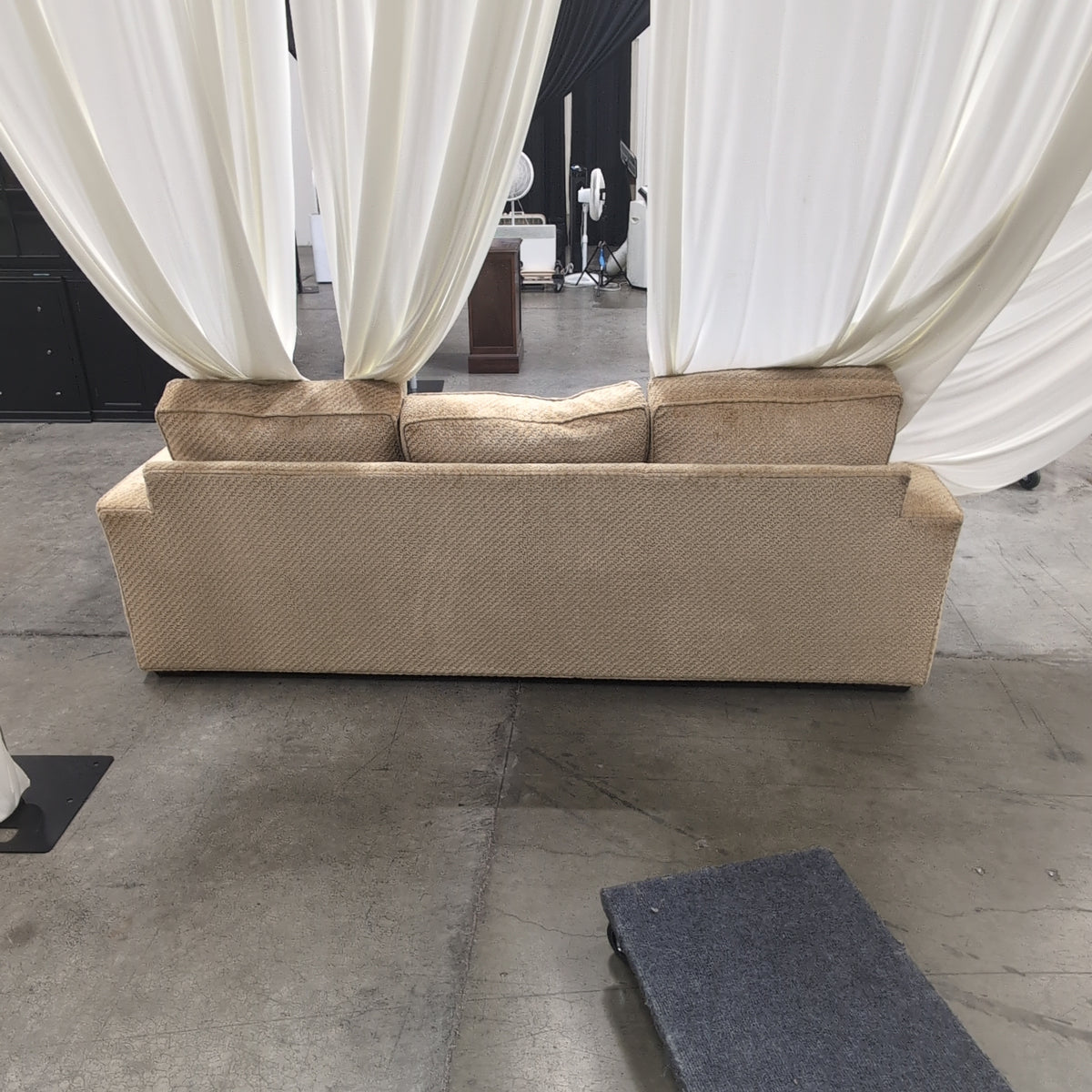 Classic Tan Upholstered Couch in Woven Fabric