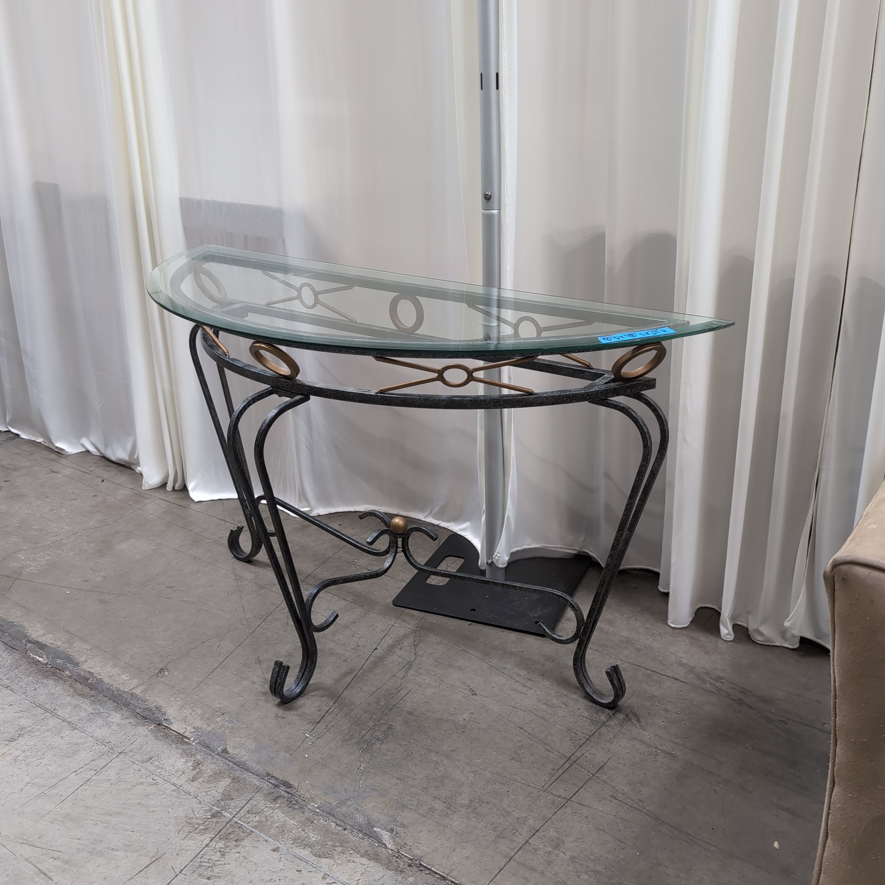 Ornate Black Metal Console Table with Glass Top
