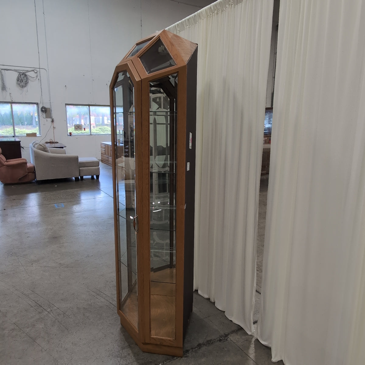 Light Wood Octagonal China Cabinet with Glass Shelves