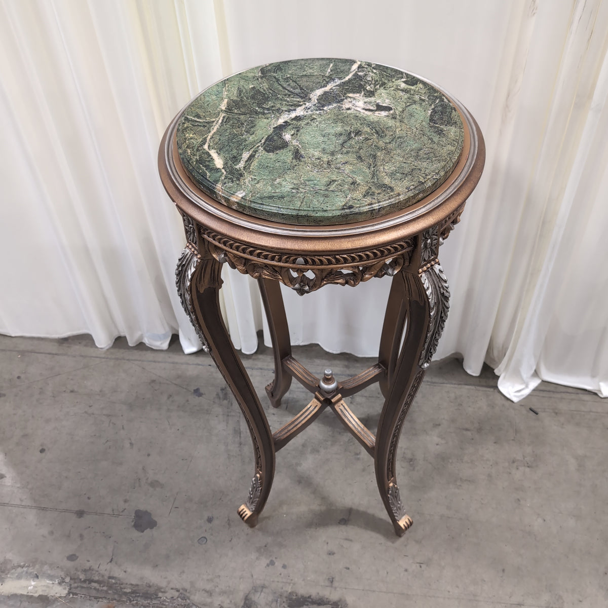 Ornate Bronze and Silver Accent End Table with Green Marble Top