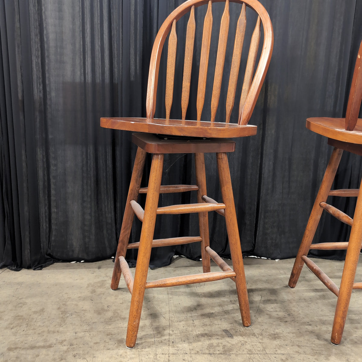 Pair of Warm Brown Wood Bar Stools with Spindle Backs