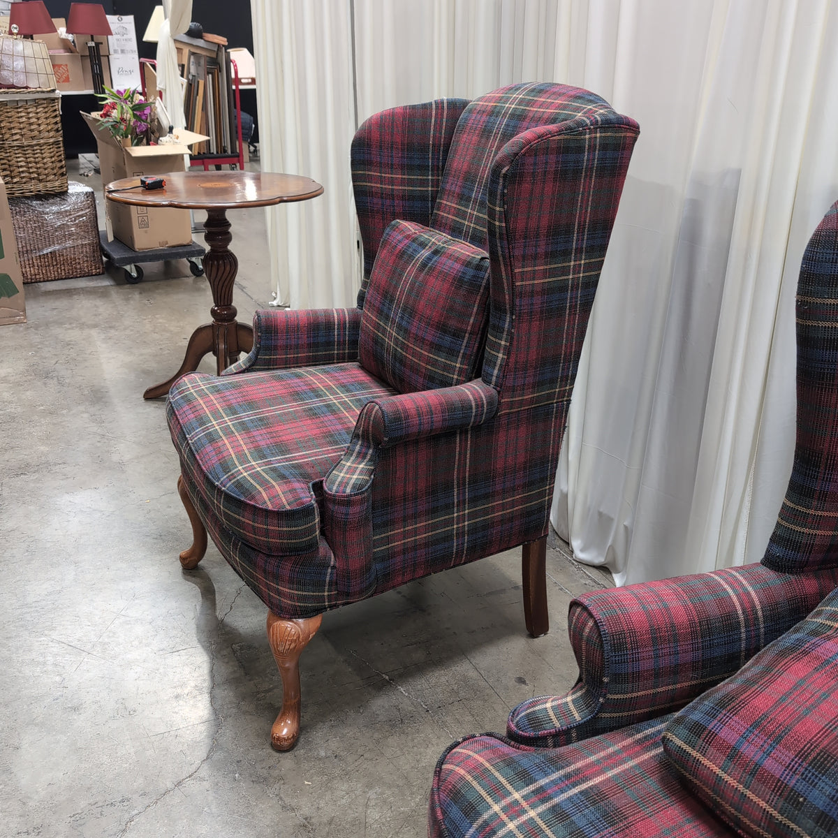 Traditional Red Plaid Wingback Chair with Carved Legs
