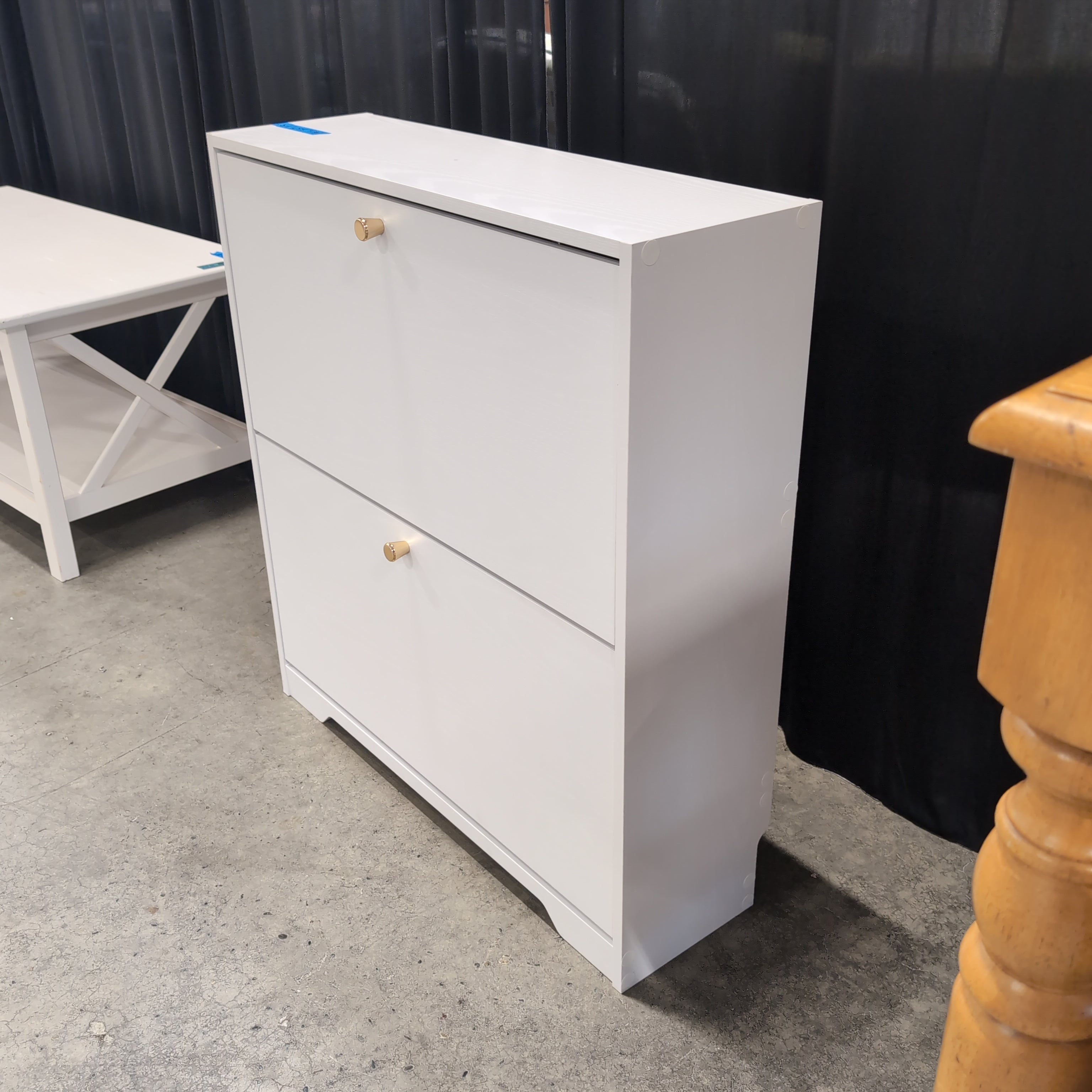 White Modern Shoe Cabinet with Gold Knobs
