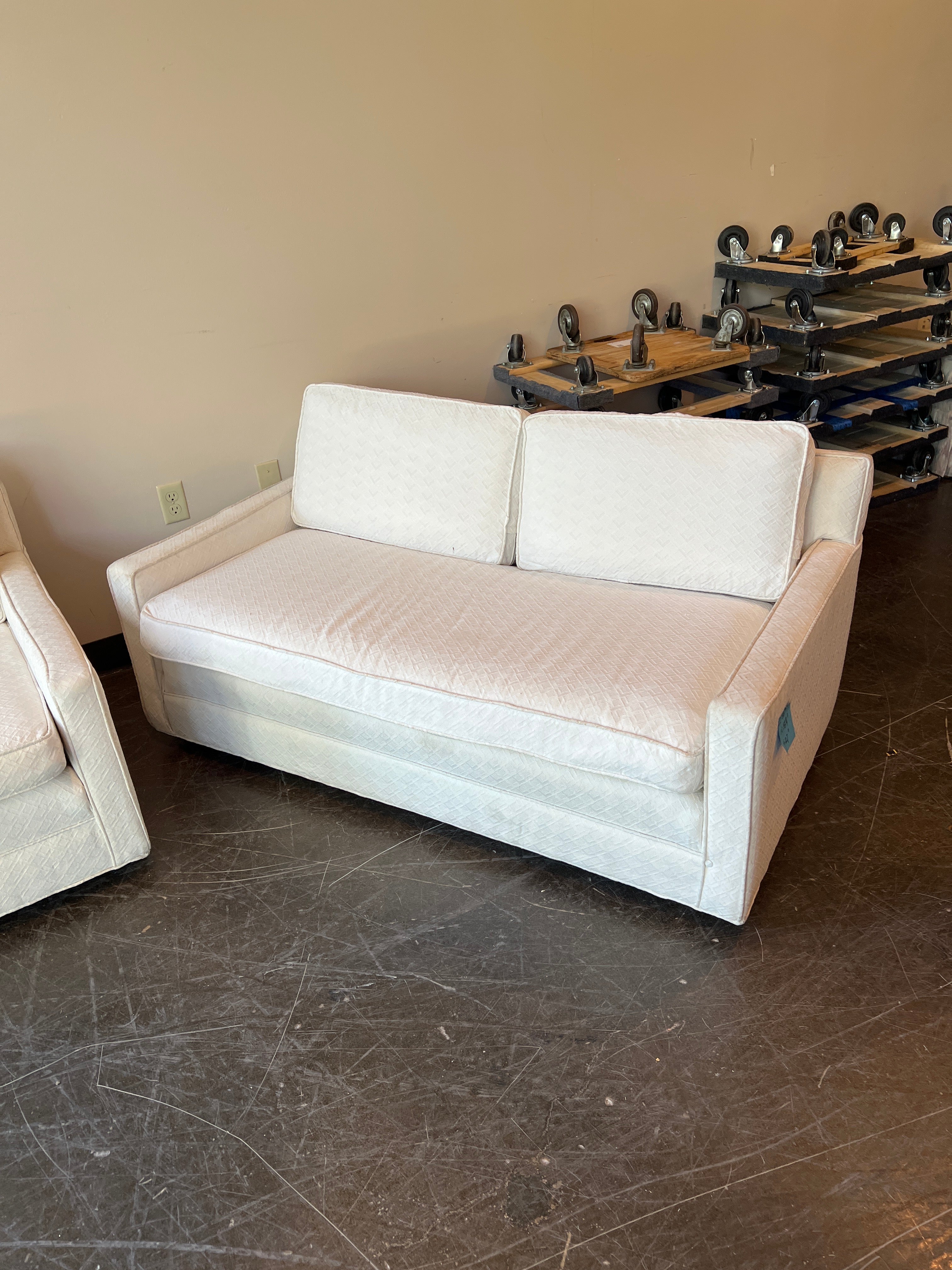 (Set of Two) Modern White Three Seater Couch and Loveseat on Wheels