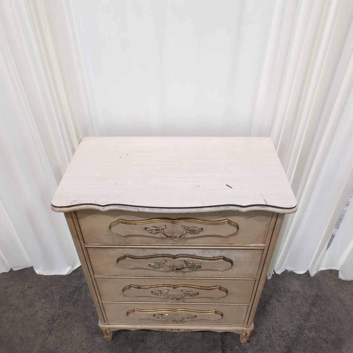 Beige French Provincial Wood Dresser with Ornate Hardware