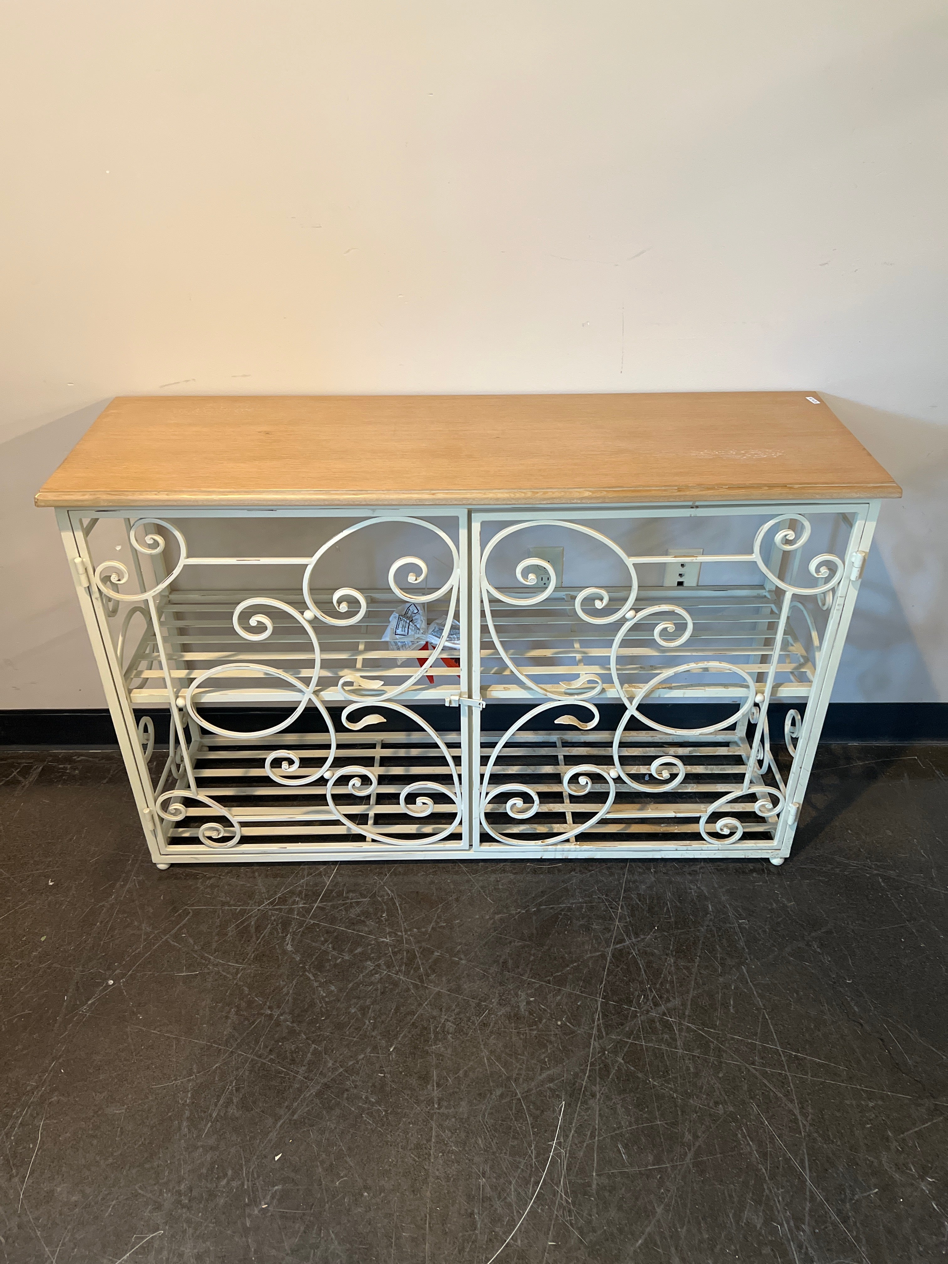 White Scroll Metal Cabinet with Wood Top