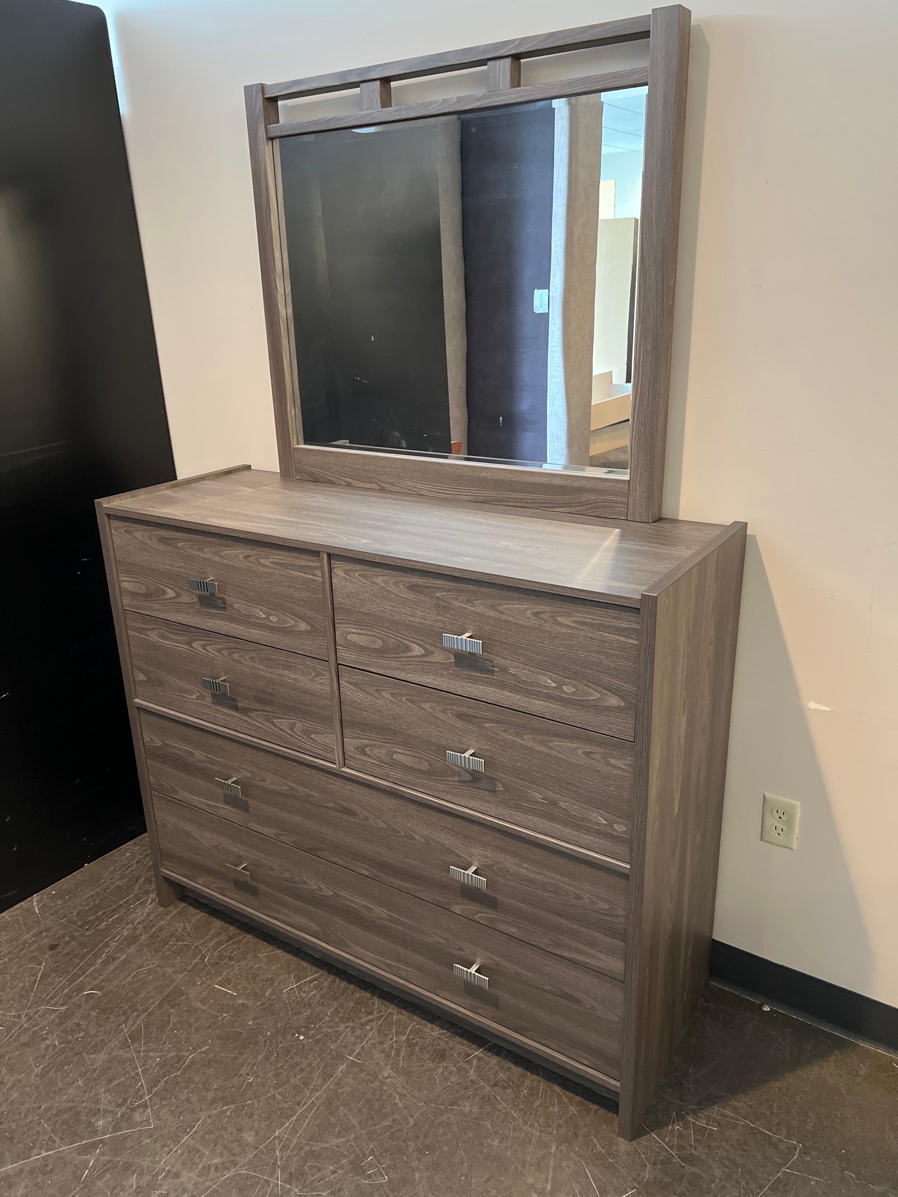 Dark Gray Six-Drawer Dresser with Mirrored Top