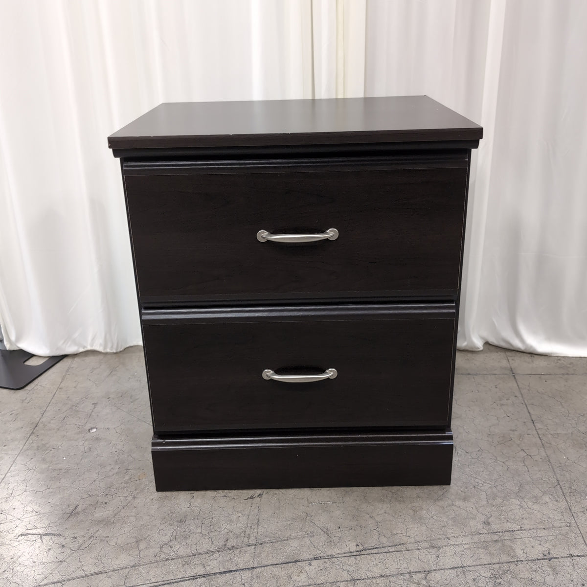 Dark Brown Two-Drawer Nightstand with Silver Pulls