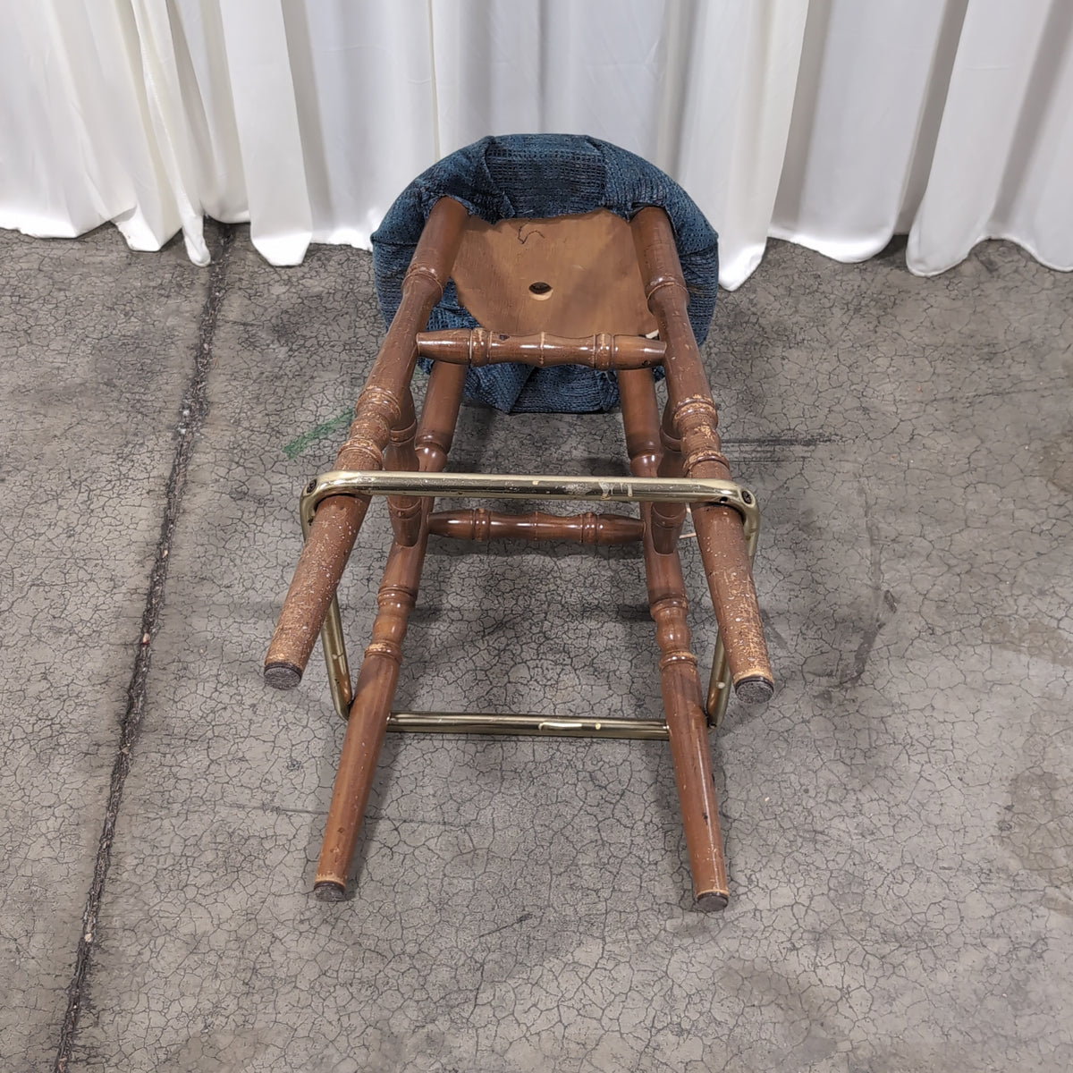 Set of Three Round Blue Upholstered Dark Wood Bar Stool
