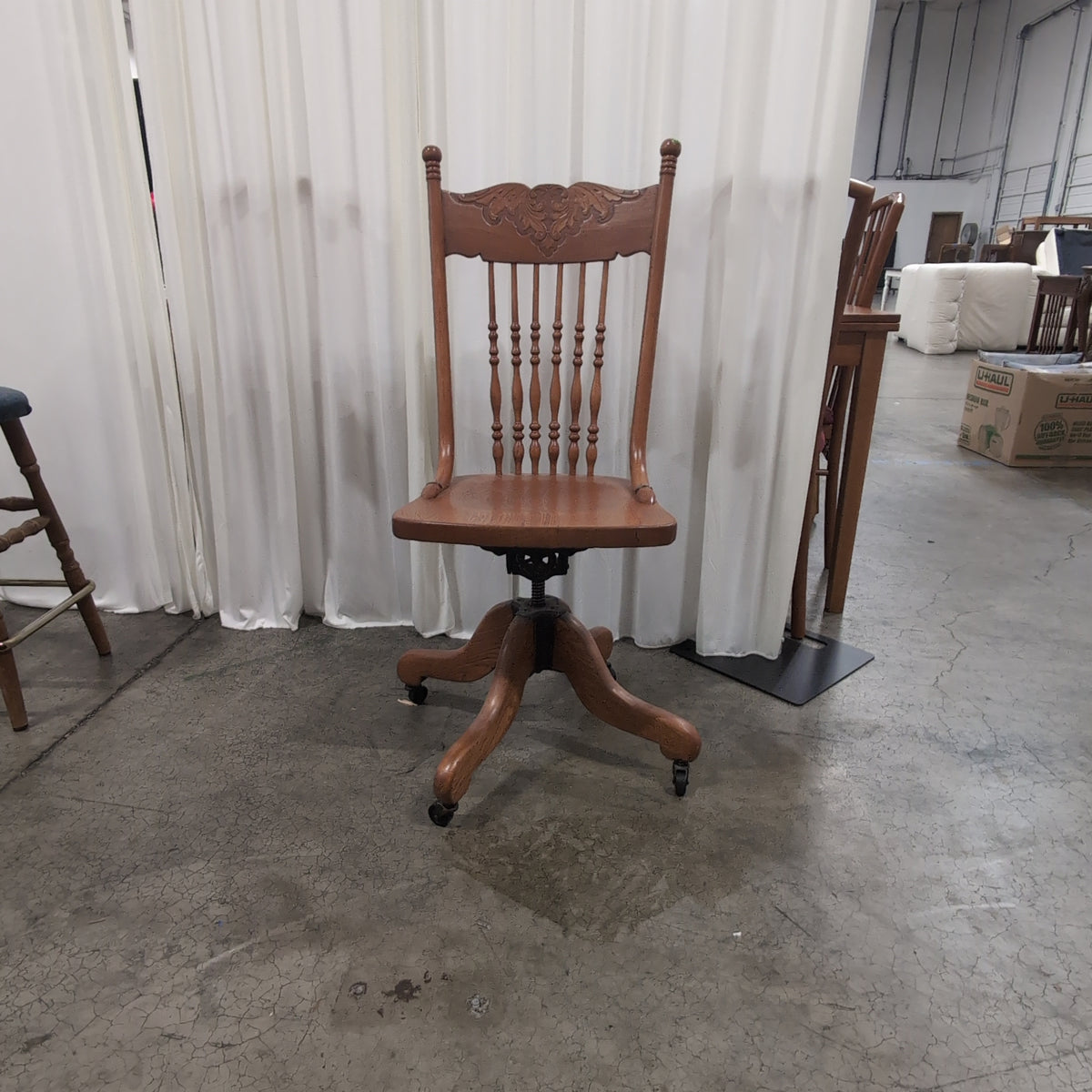 Traditional Wood Swivel Office Chair with Carved Backrest