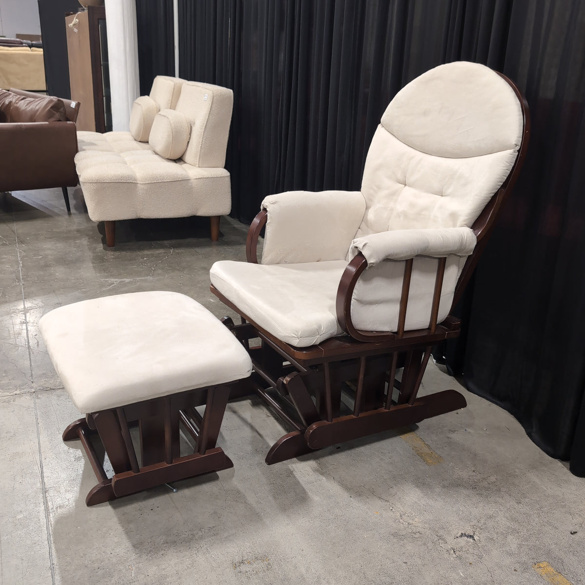 Cream Upholstered Wood Glider Chair with Ottoman