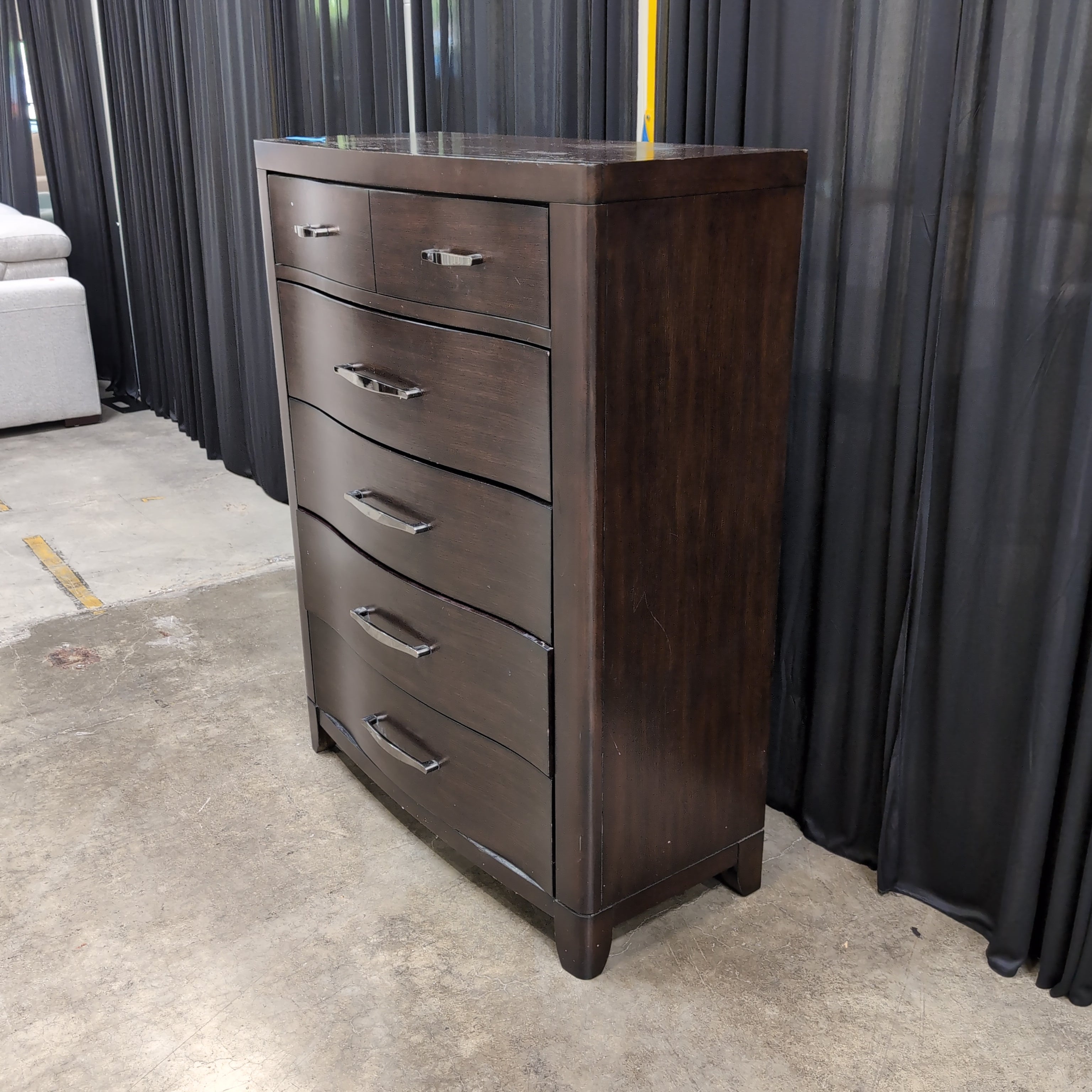 Dark Brown Wood Dresser with Curved Drawers