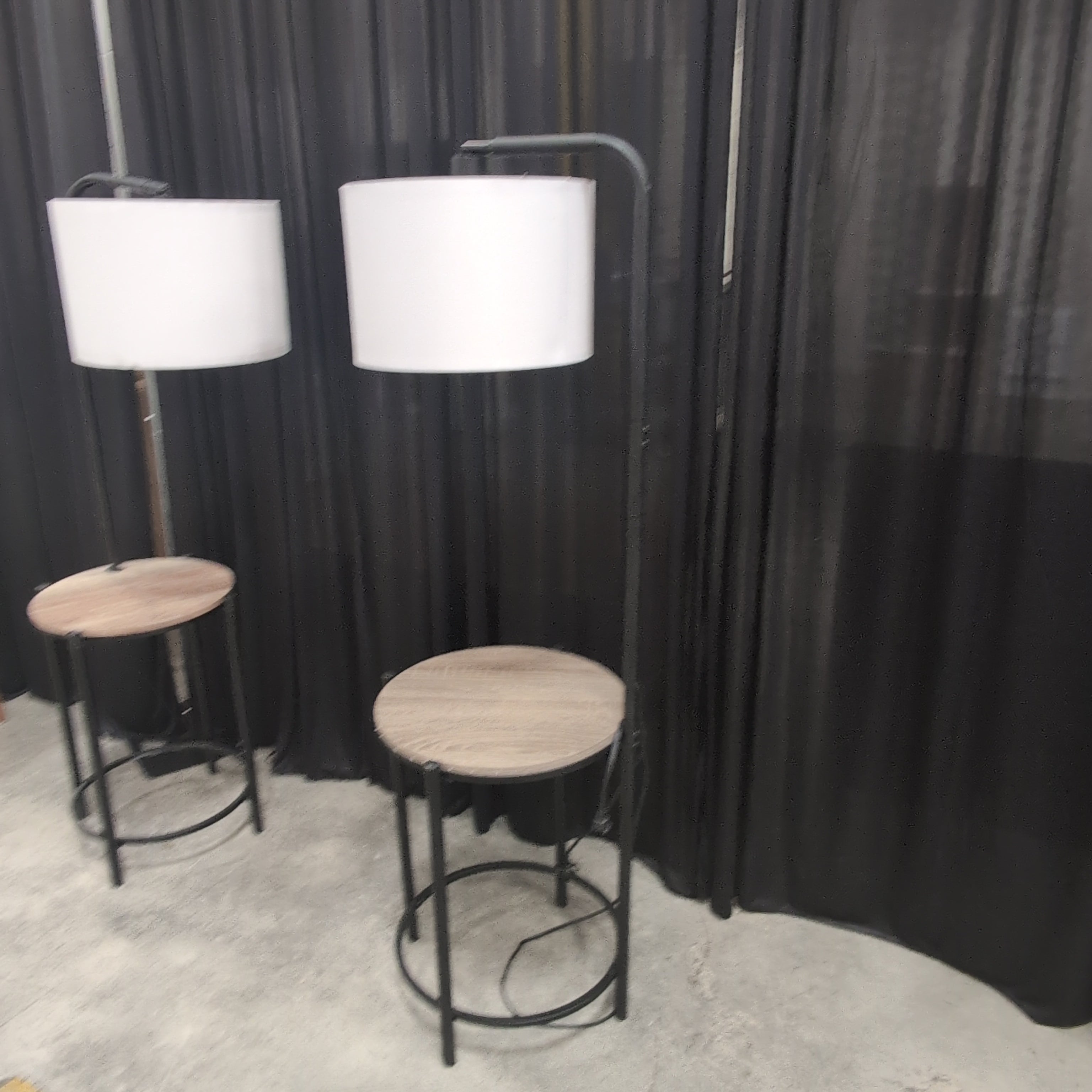 Black Metal Floor Lamp with Round Wood Table