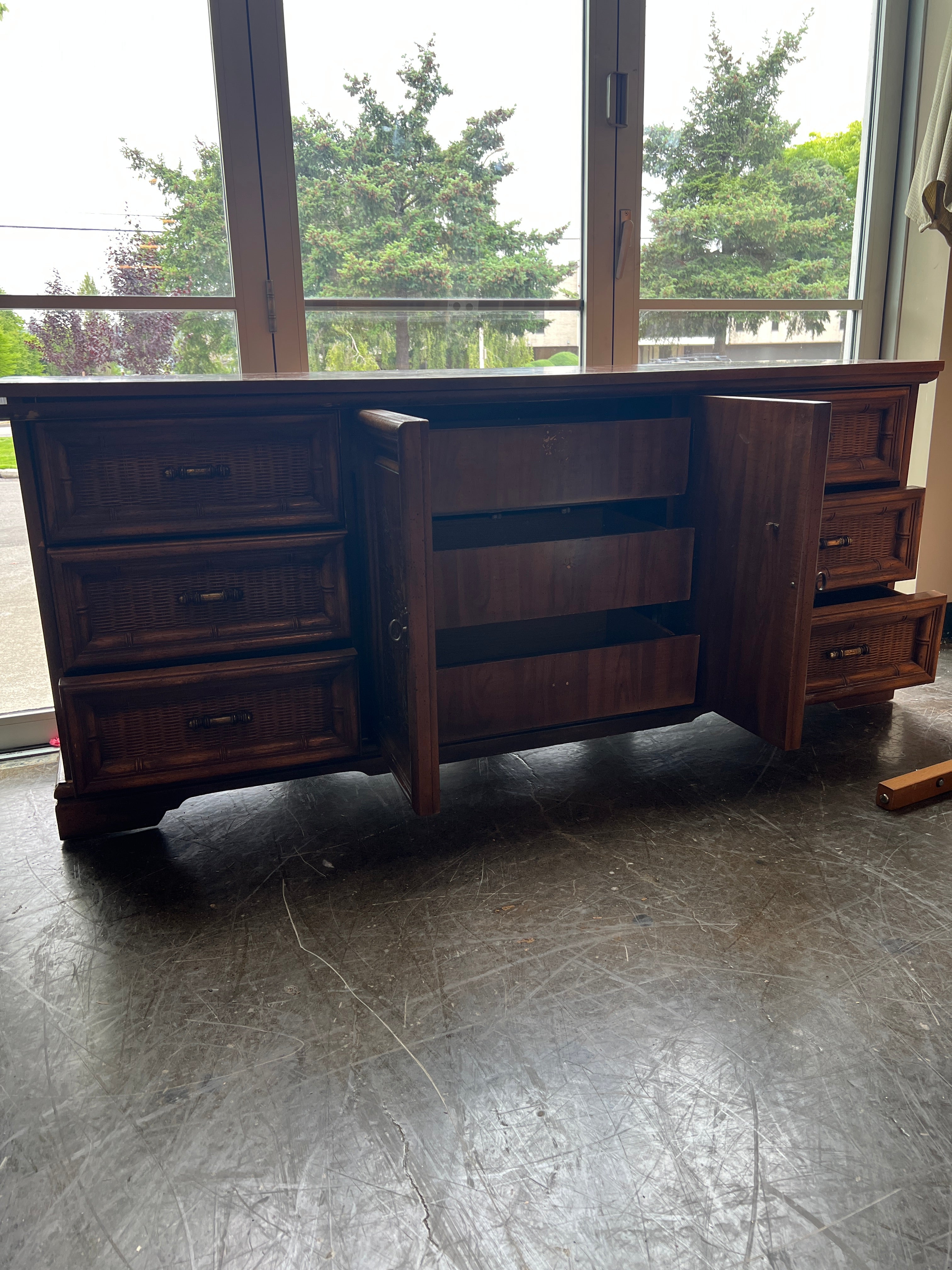 Vintage Bamboo Style Dresser with Carved Panels